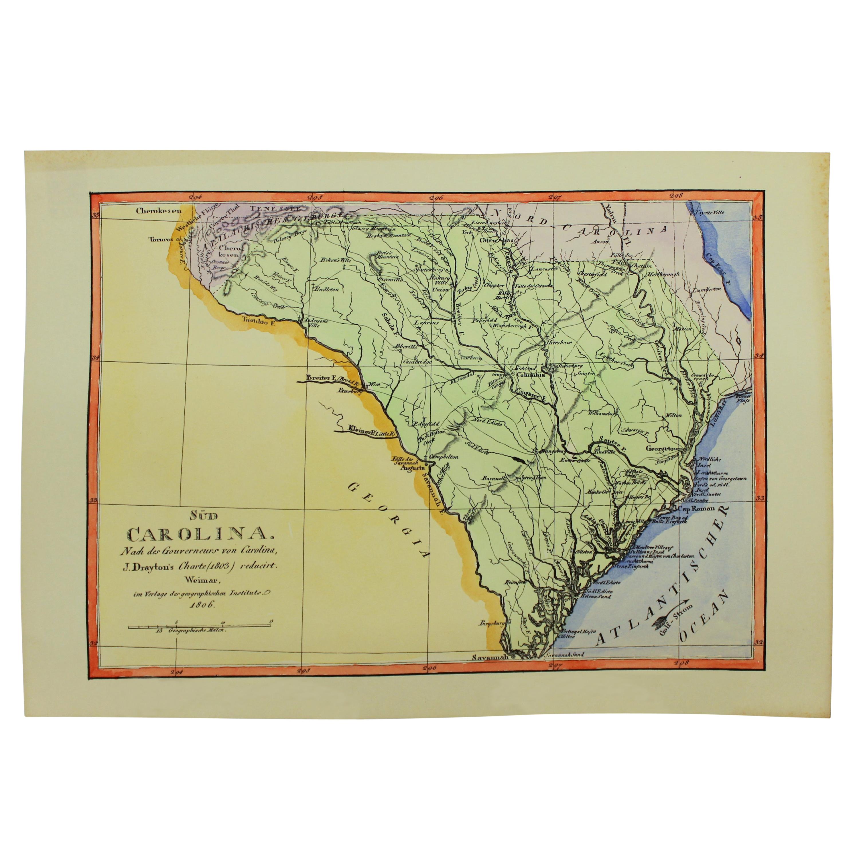 Ancienne reproduction d'une carte de la Caroline du Sud coloriée à la main, J. Drayton