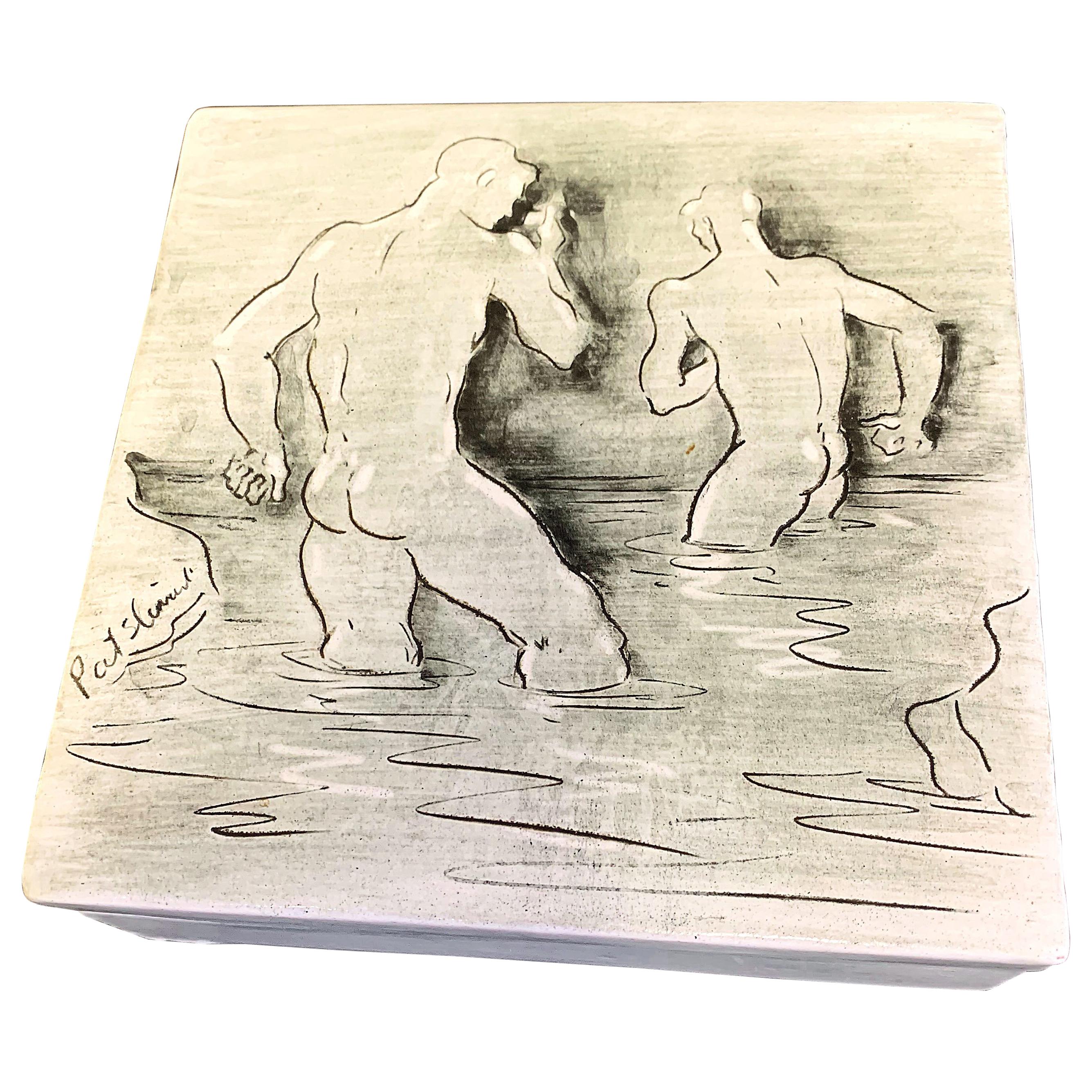'Bathers, ' Rare Midcentury Box with Nude Male Figures, Laguna Beach