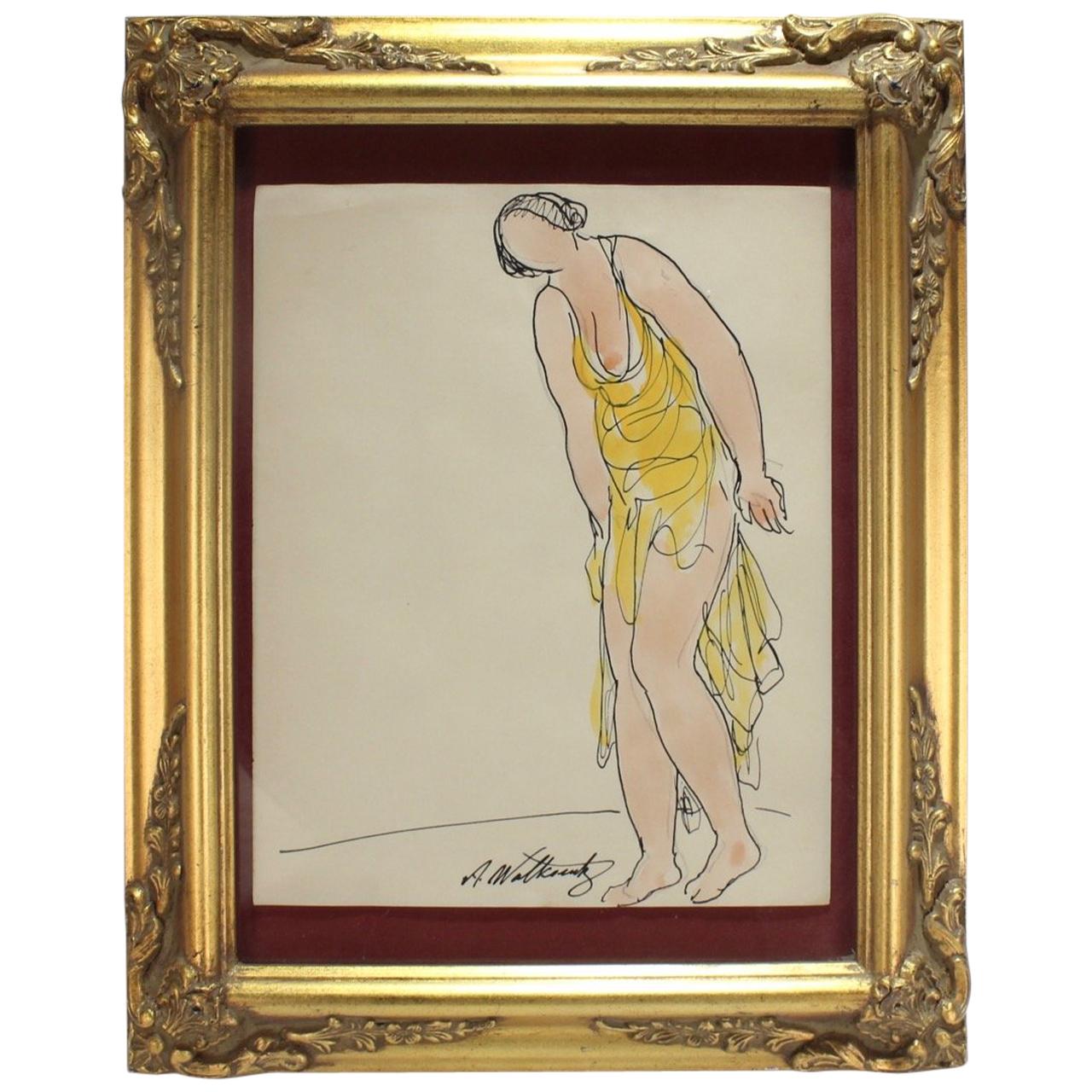 Abraham Walkowitz Ink Drawing of Ballet Dancer Isadora Duncan in Yellow