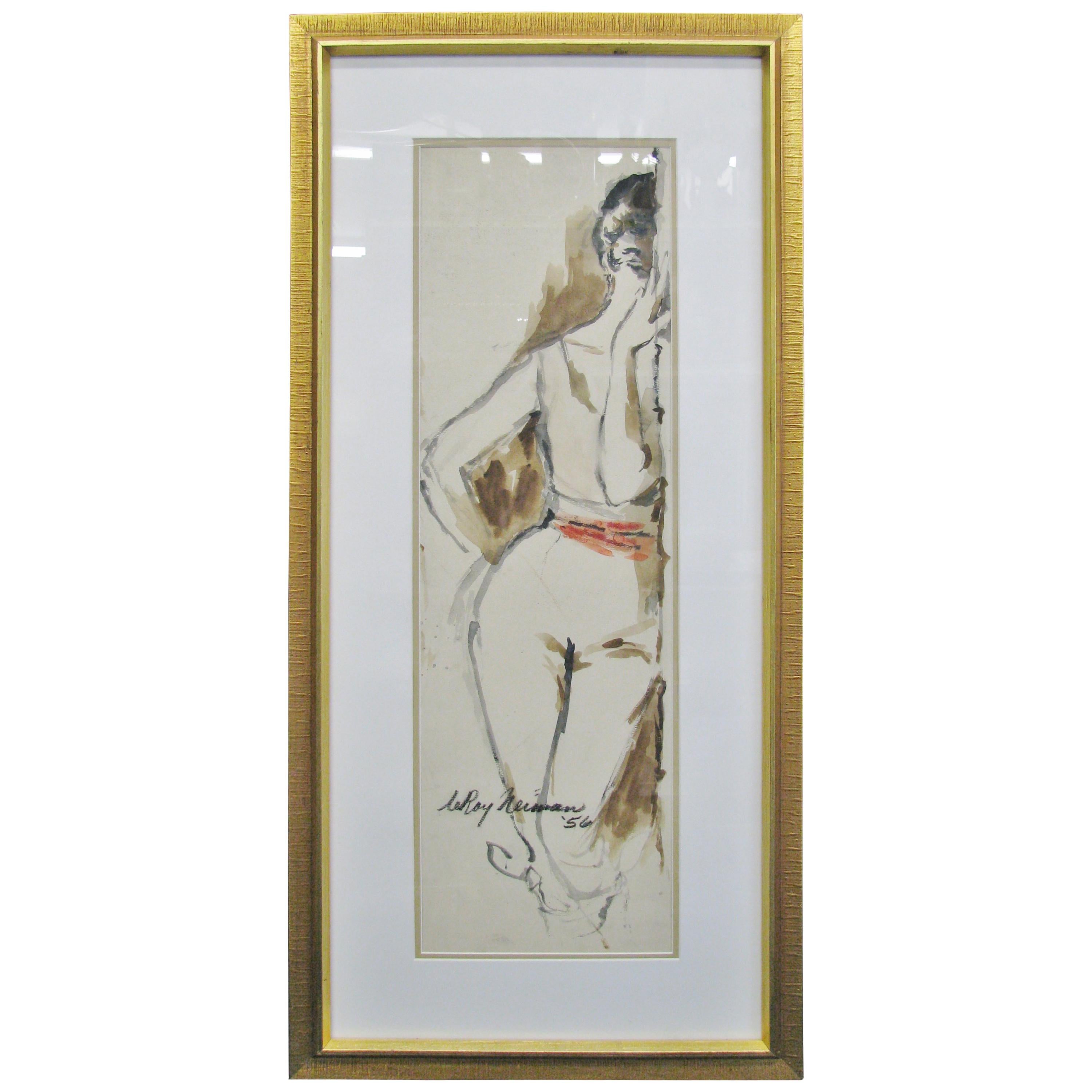 Striking 1950s Watercolor of a Woman by Leroy Neiman; Signed and Dated For Sale