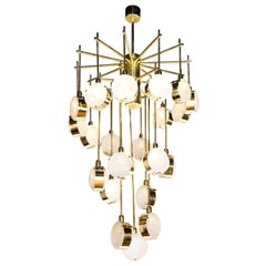 Large Brass and Clear Murano Glass Disc Spiral Cascading Chandelier, Italy