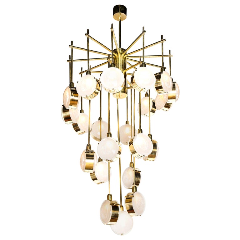 Large Brass and Clear Murano Glass Disc Spiral Cascading Chandelier, Italy For Sale