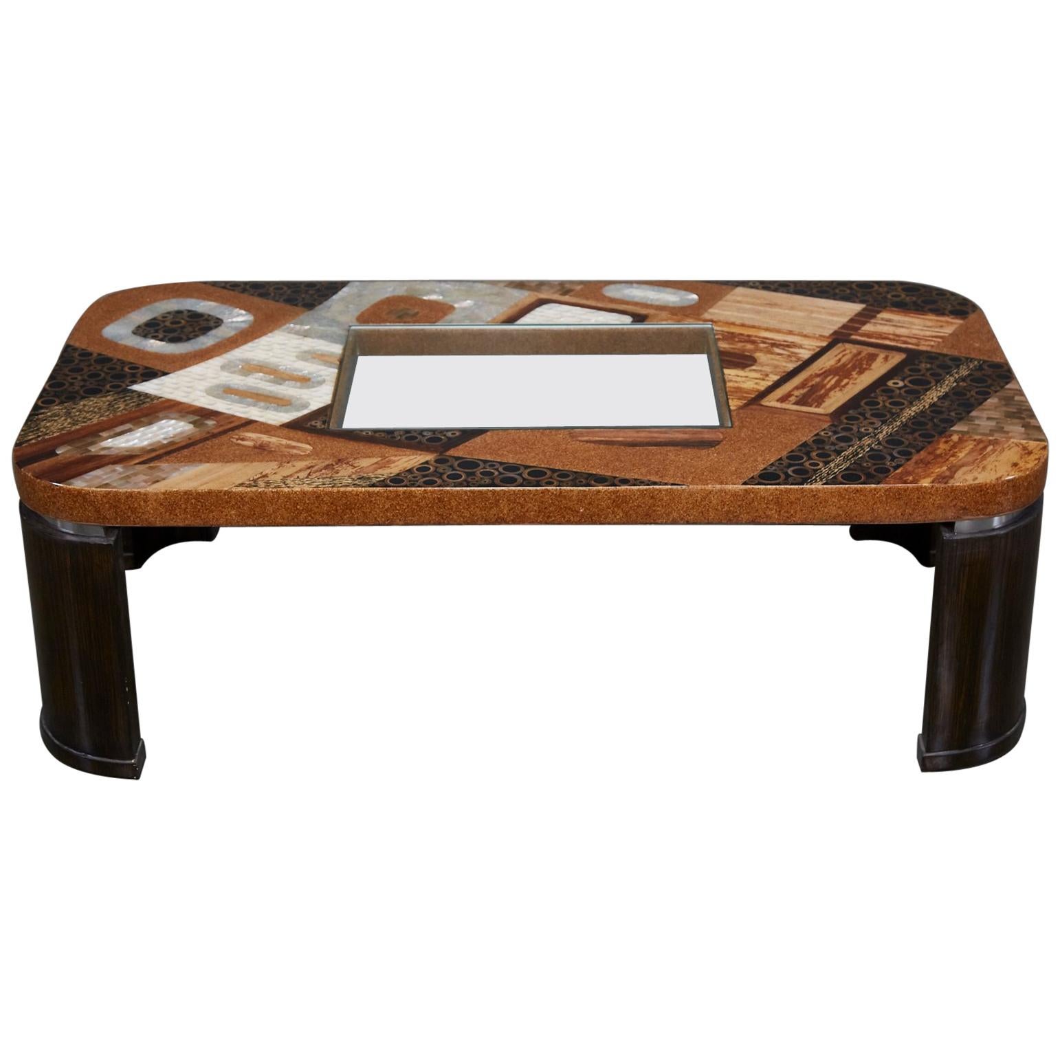 "Lifestyle" Coffee Table with Exotic Natural Inlay and Glass Insert, 1990s For Sale