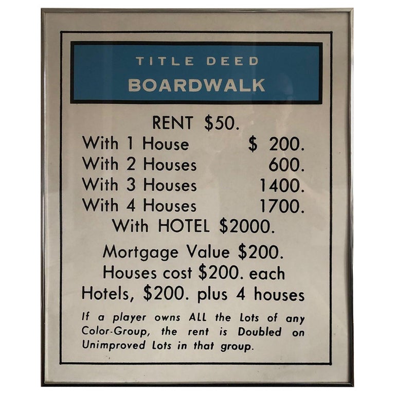 Vintage Monopoly Boardwalk Title Deed Lithograph at 1stDibs | boardwalk  monopoly