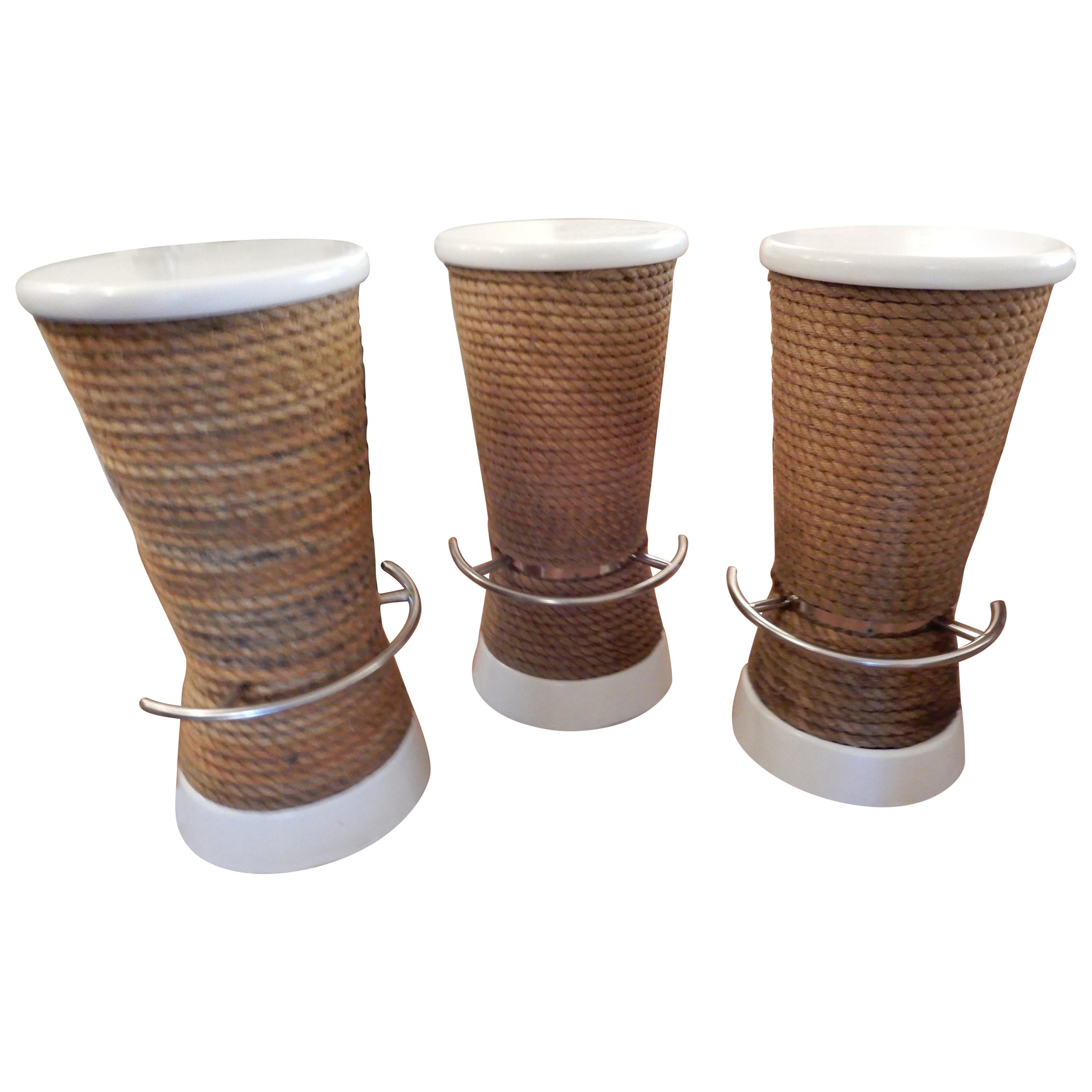 Three Nautical High Stools or Counter Stools, Rope and Steel Indoor Outdoor