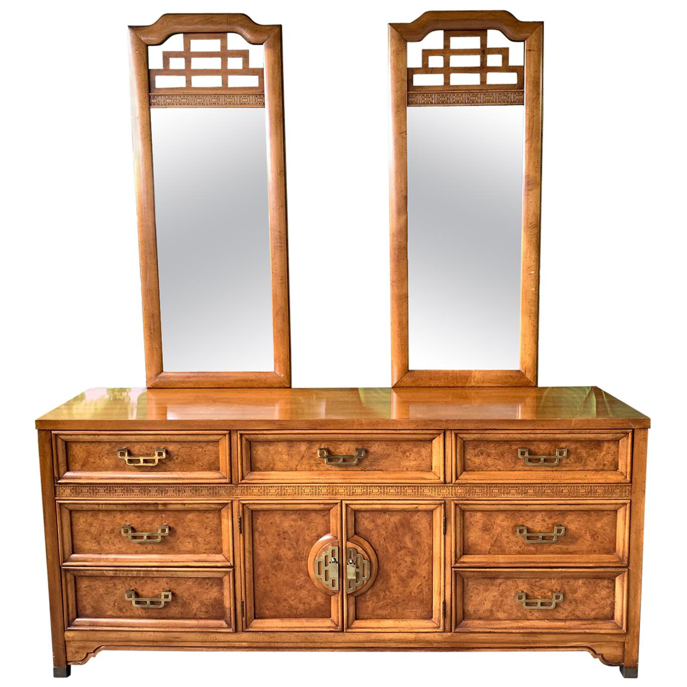 Asian Chinoiserie Burl Dresser "Mandarin" Collection by Henry Link For