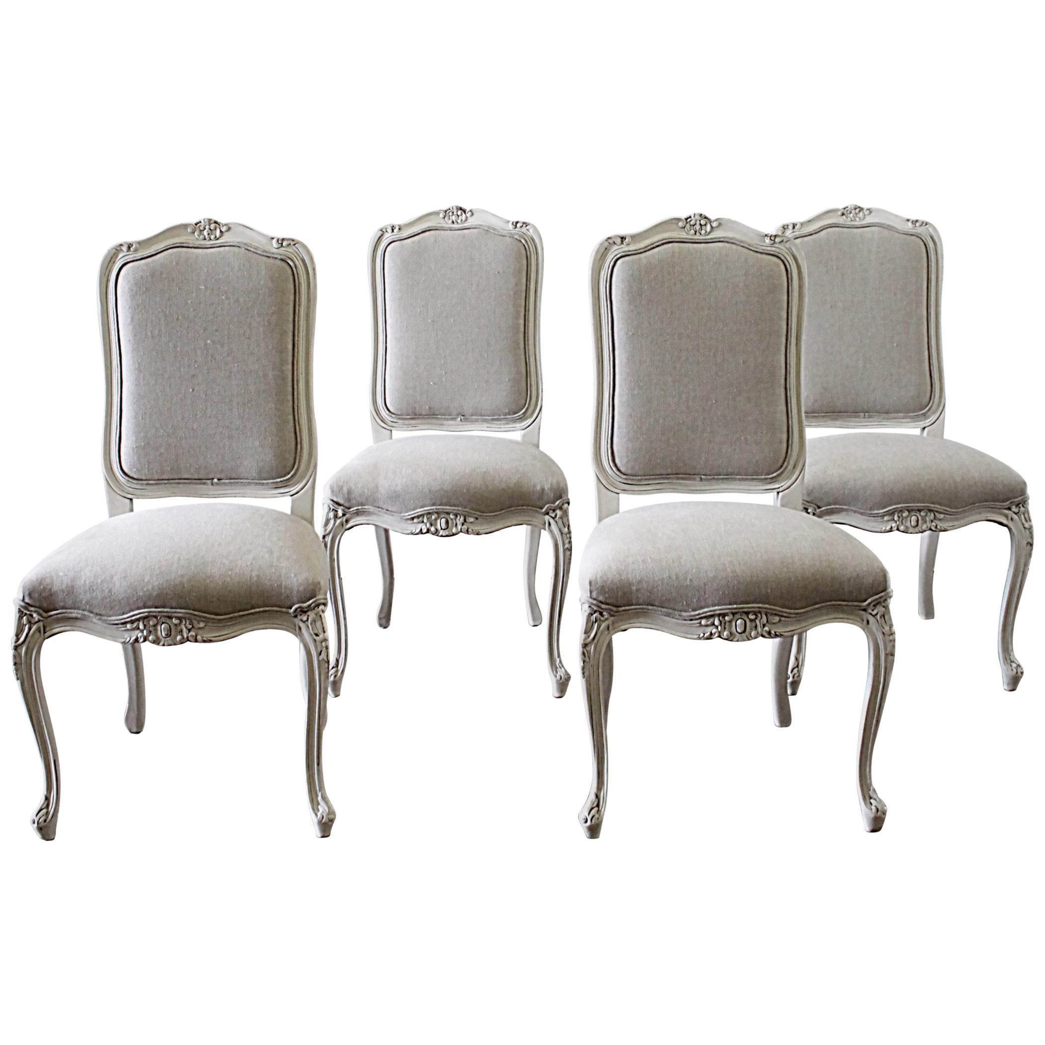 20th Century Set of 6 French Country Painted and Linen Upholstered Dining Chairs