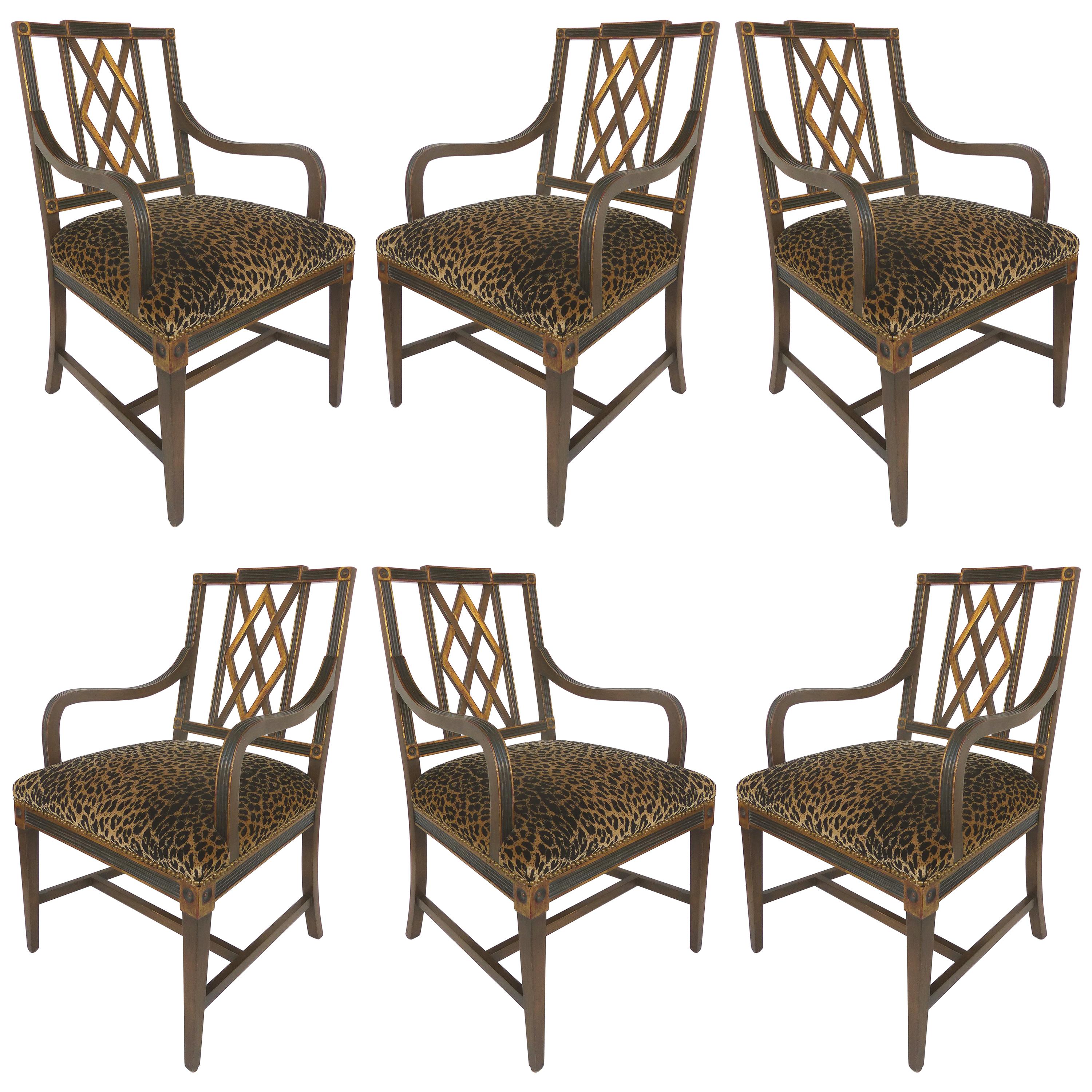 Mahogany Parcel Gilt Set of 6 Dining Chair, Slat Backs and Leopard Print Velvet