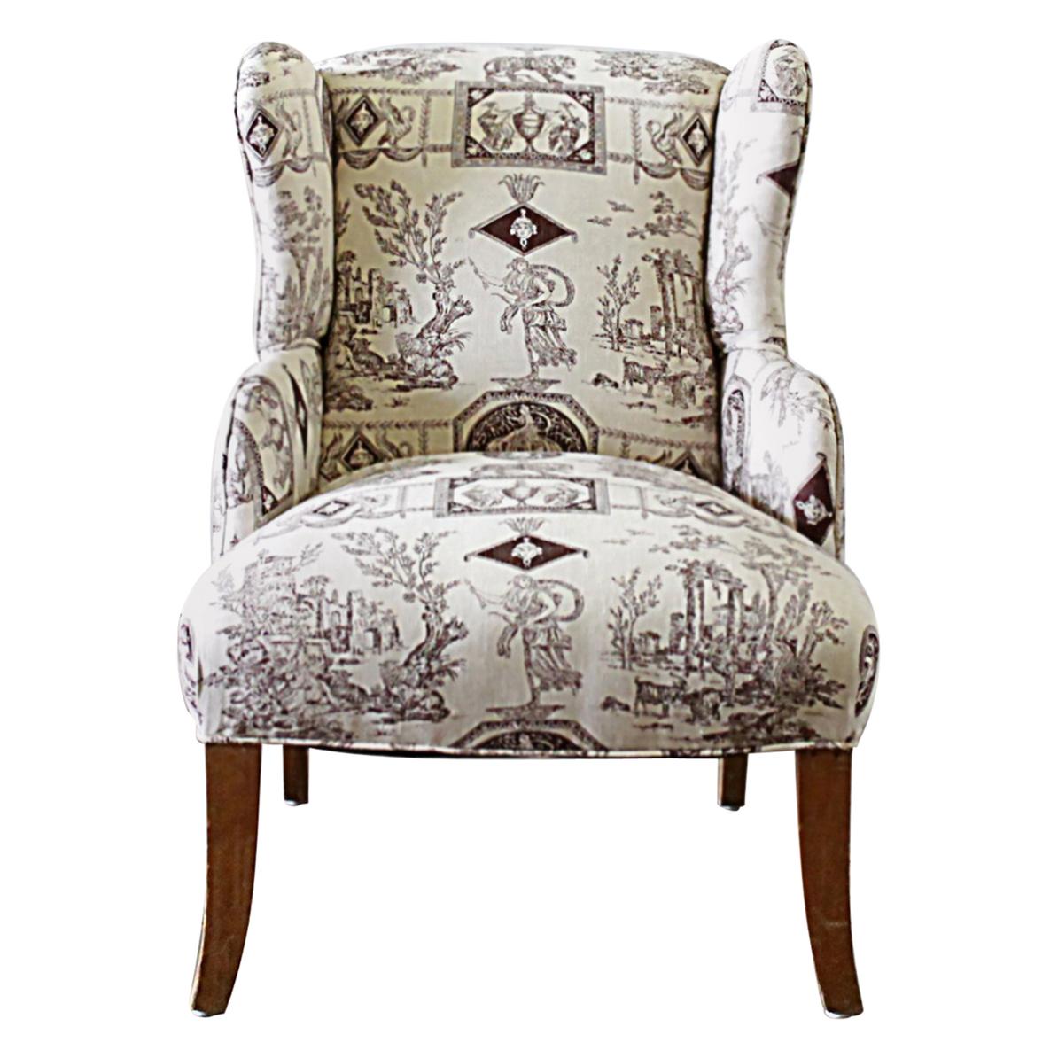 Vintage Petite Wing Chair Upholstered in Brown Toile Fabric