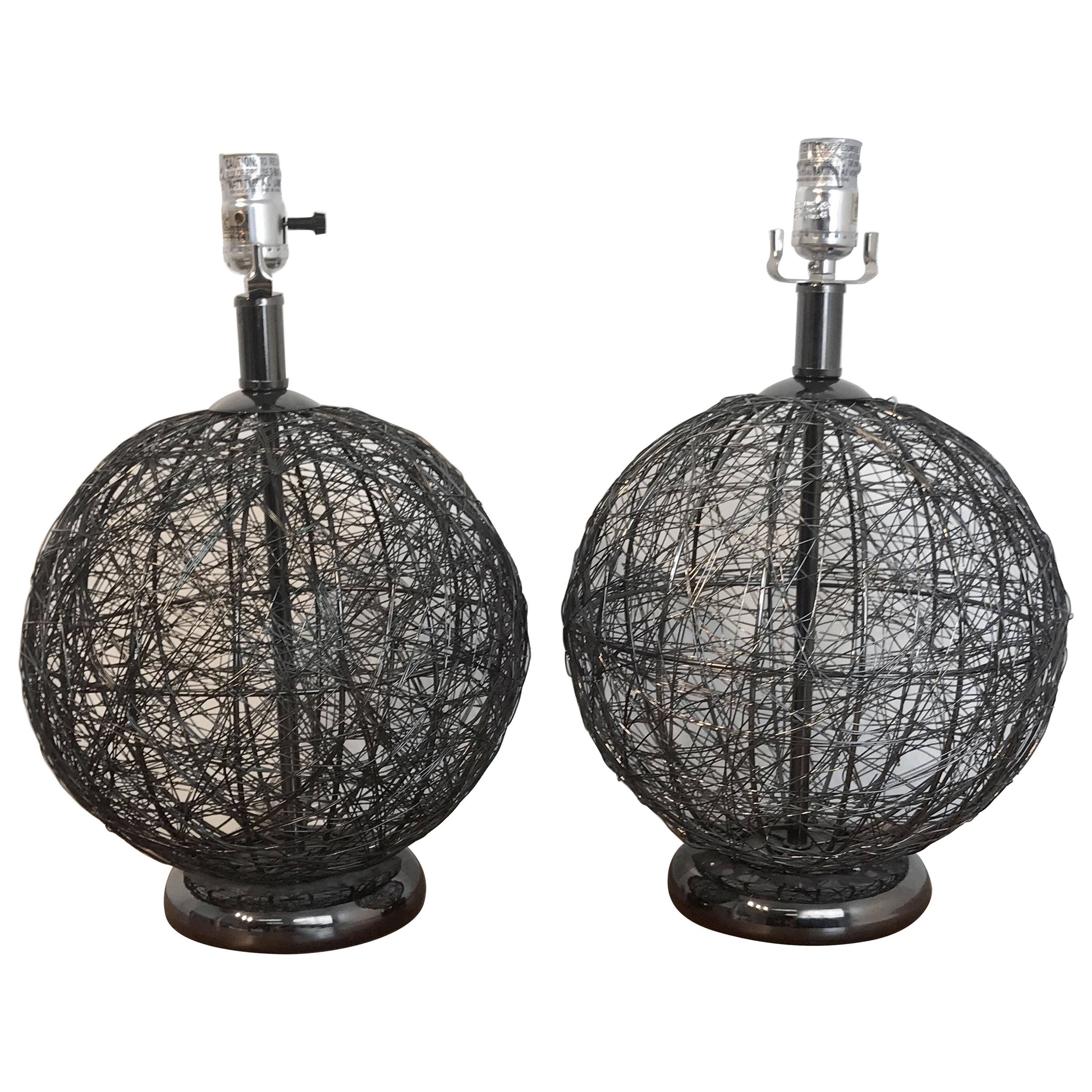 Pair of Midcentury Spun Gun Metal Sphere Lamps