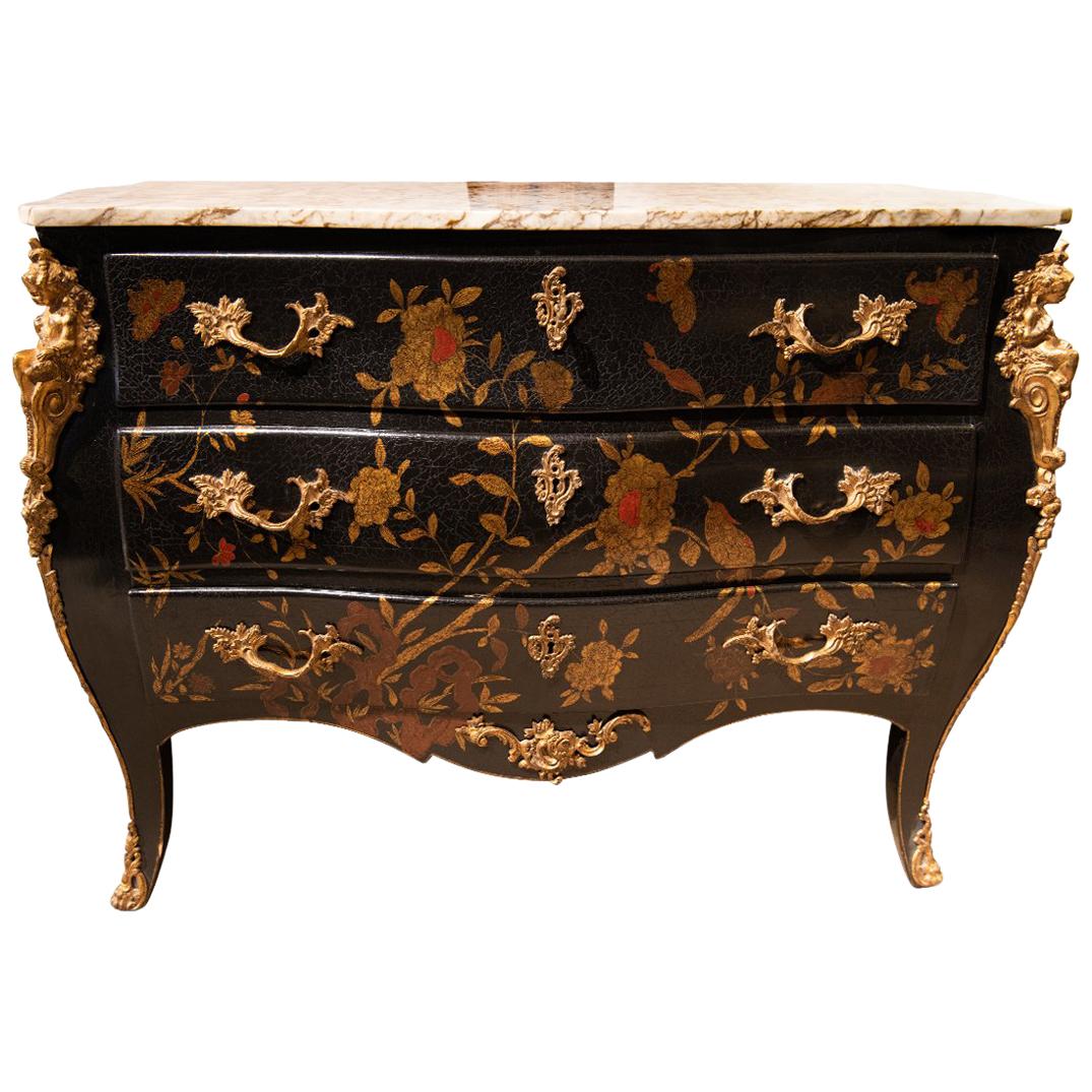 French Louis XV Style Chinoiserie Commode or Bombe Chest of Drawer