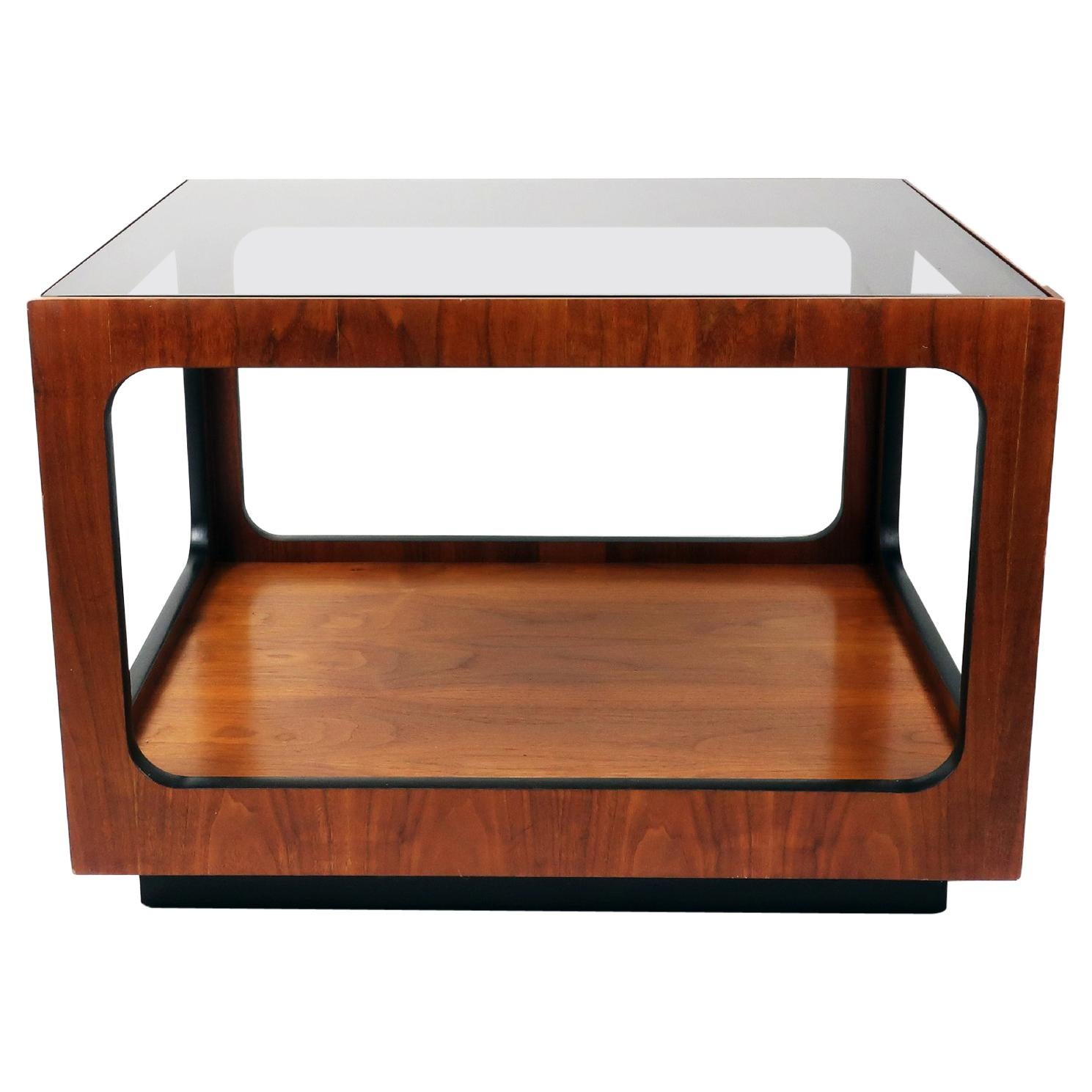 Pair of Lane Walnut and Smoked Glass Side Tables