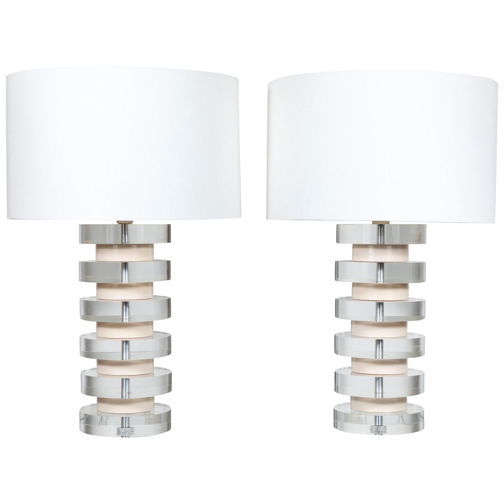 Monumental Pair of Stacked Lucite Lamps in the Style of Karl Springer