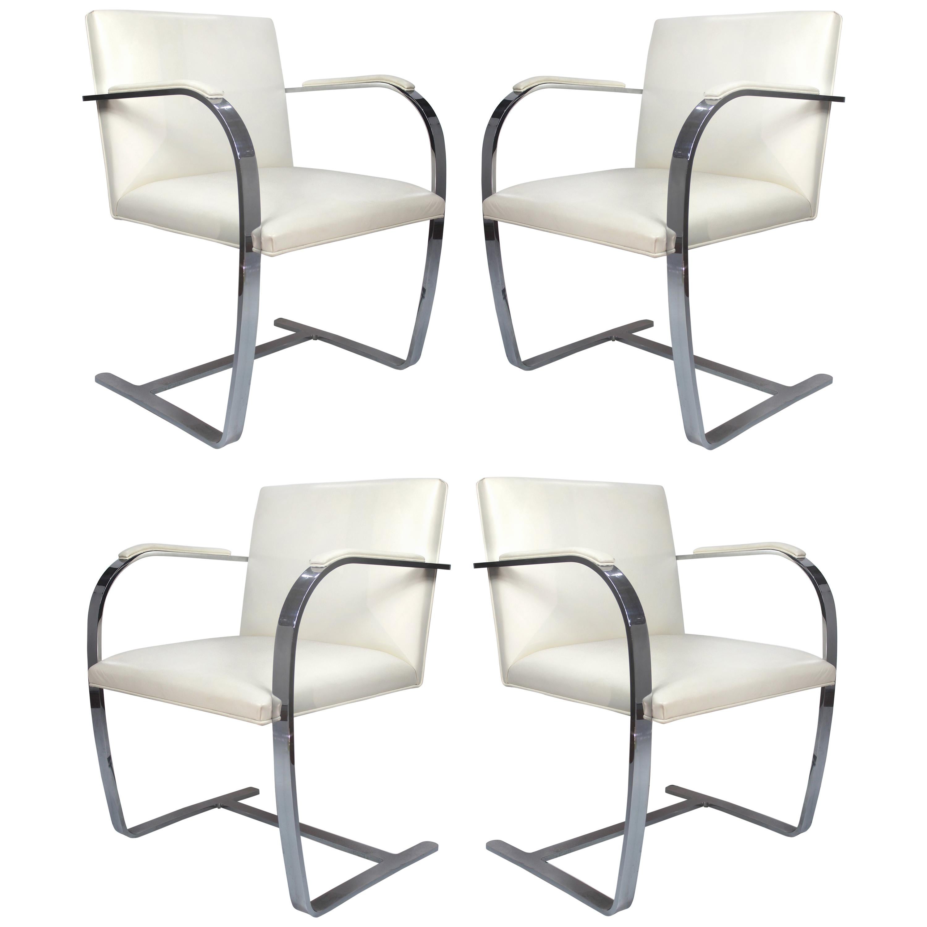 Mies Van Der Rohe, Knoll Flat Bar Brno Chairs, Eggshell White Leather, Set of 4