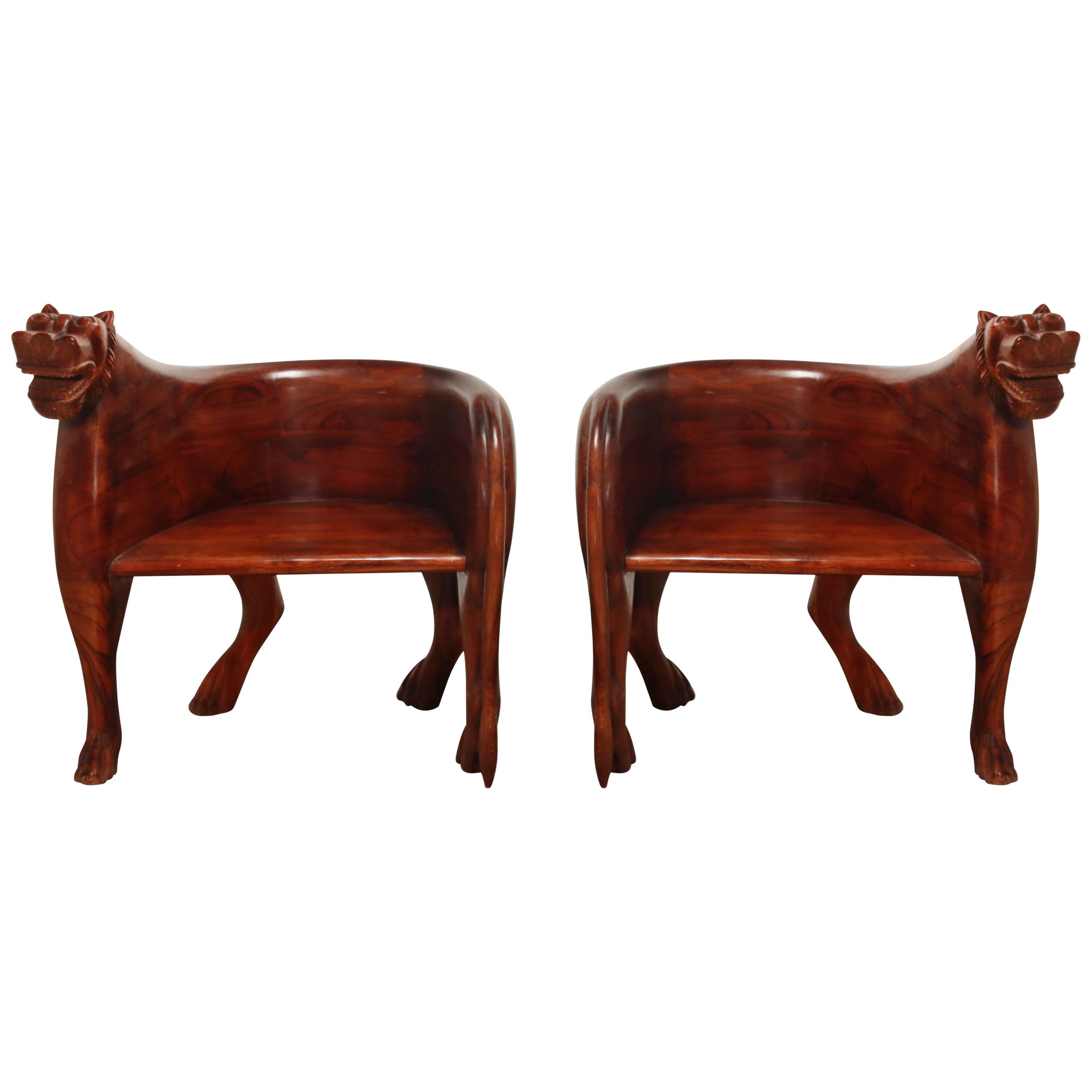 Figural Full Body Carved Teak Wood Lioness Club Chairs, Pair