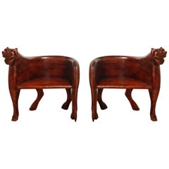 Figural Full Body Carved Teak Wood Lioness Club Chairs, Pair