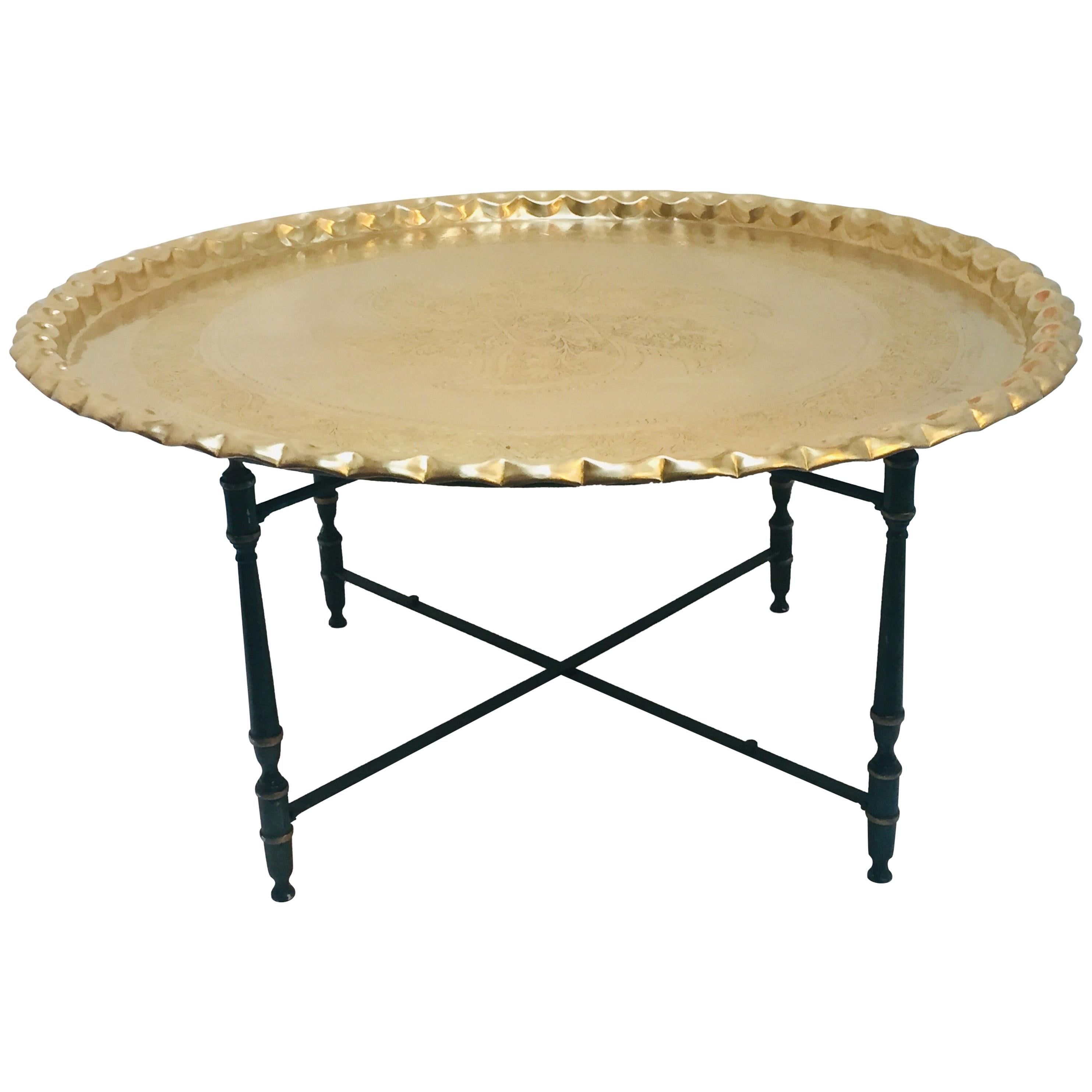Moroccan Brass Tray Table on Metal Folding Stand