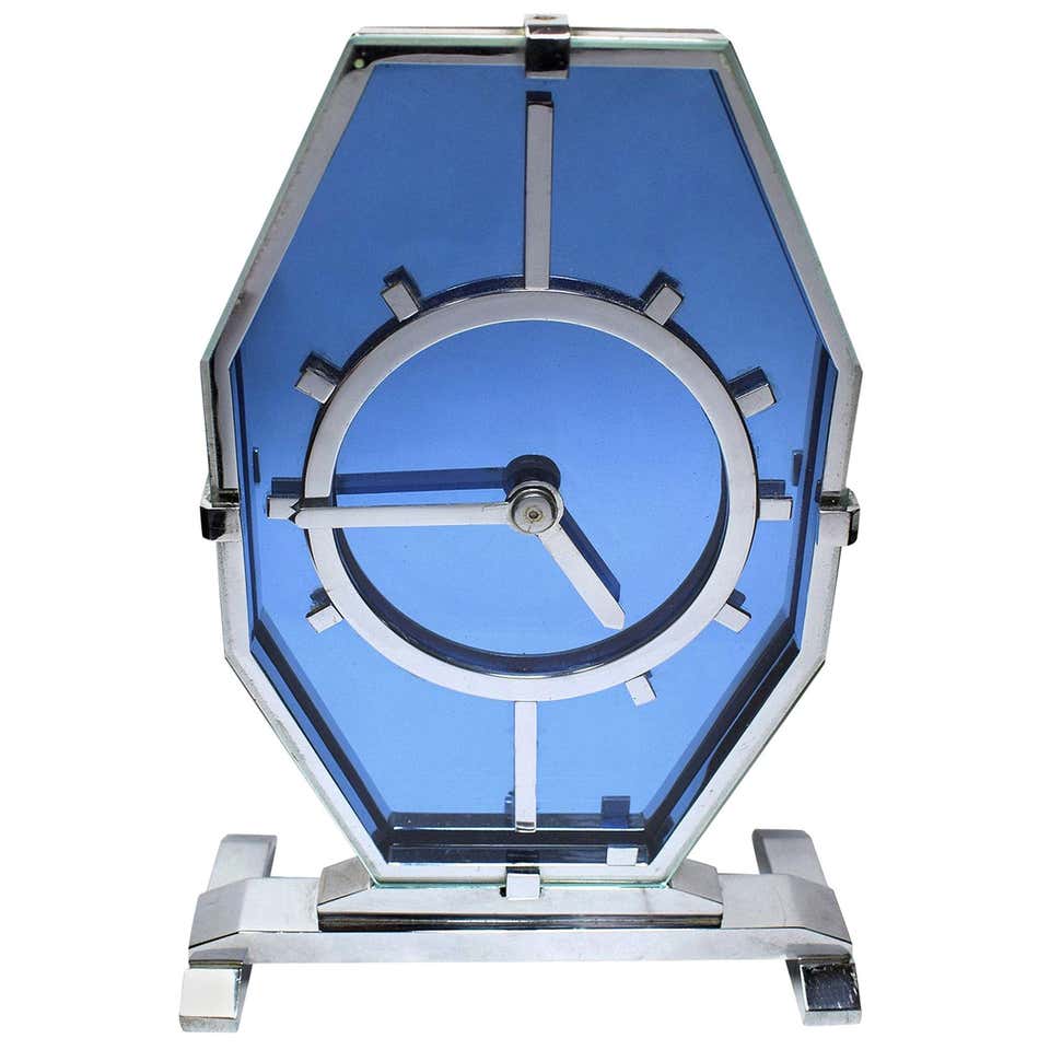 Stunning Stainless Steel and Blue Glass Art Deco / Machine Age Clock ...