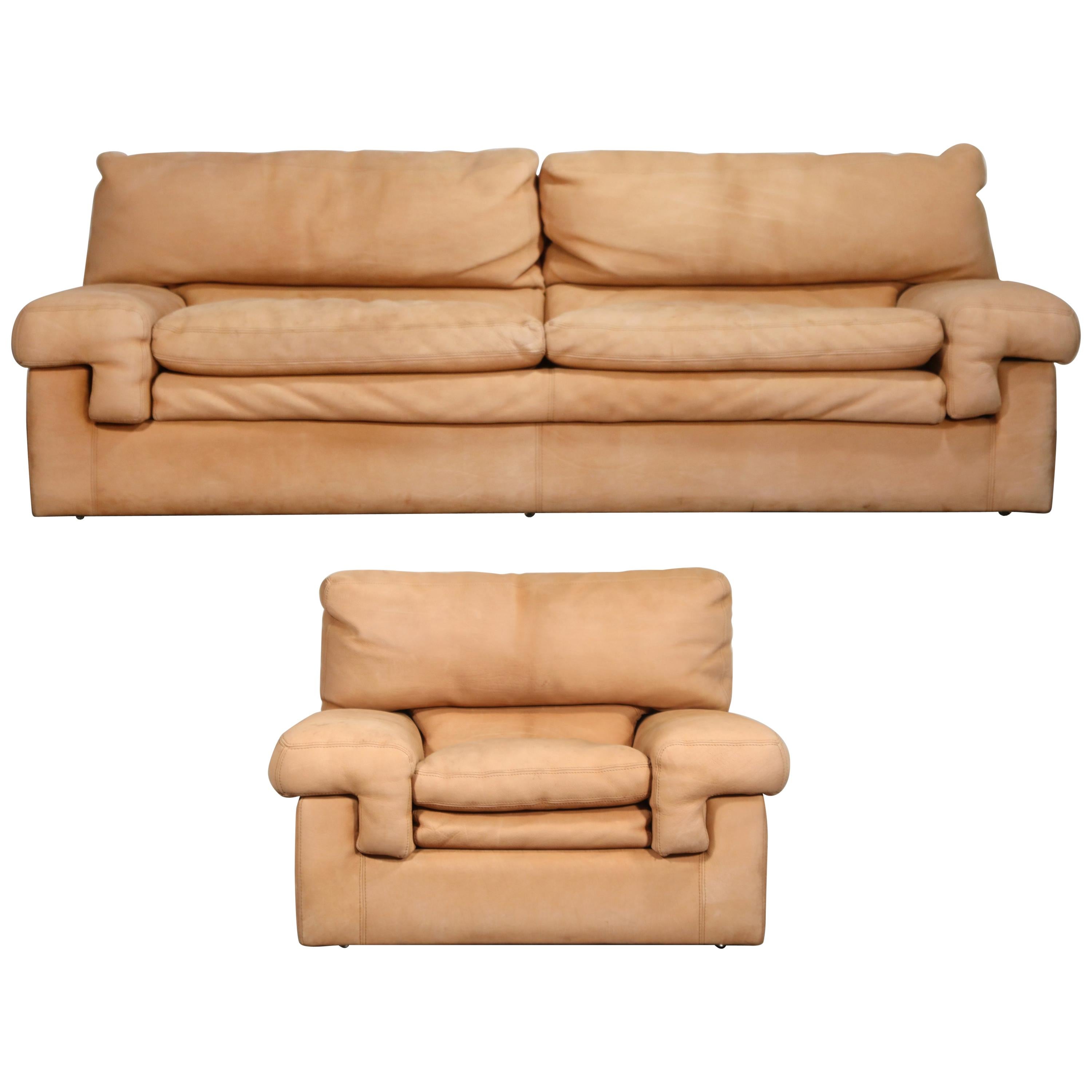 Roche Bobois Sofa und Sessel aus nacktem Leder mit natürlichem Finish:: um 1980er Jahre