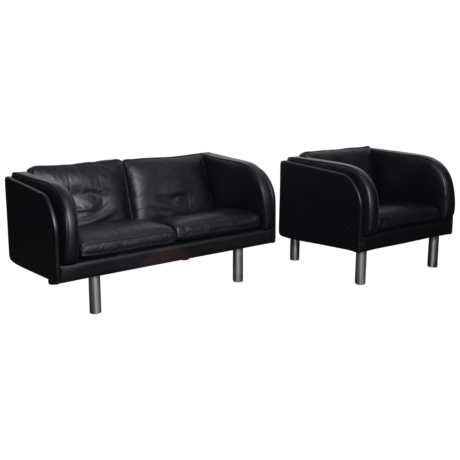 Danish Black Leather Sofa and Chair by Jørgen Gammelgaard for Erik Jørgensen For Sale