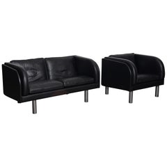 Danish Black Leather Sofa and Chair by Jørgen Gammelgaard for Erik Jørgensen