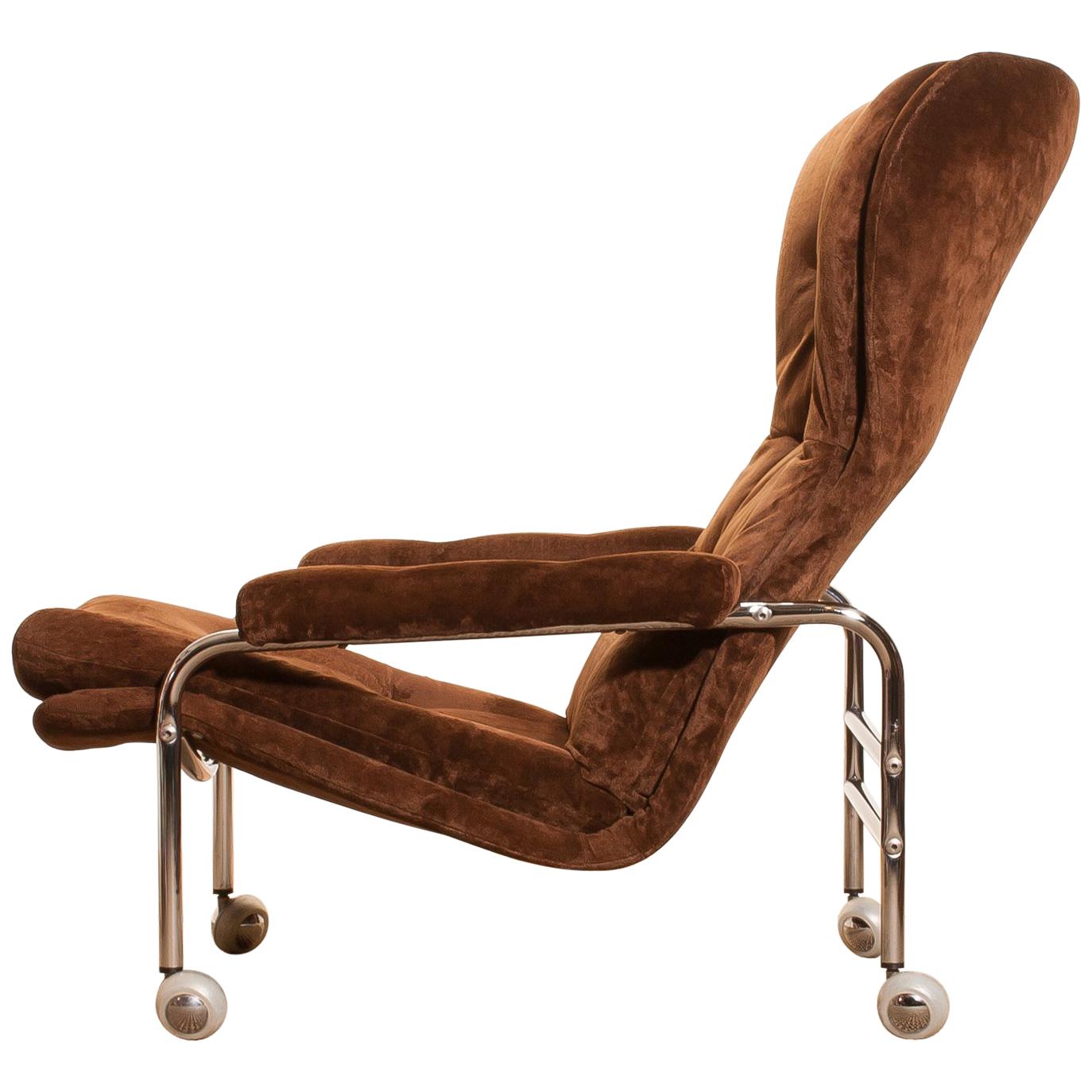 Chrome and Brown Velours Fabric Lounge Chair by Scapa Rydaholm, Sweden