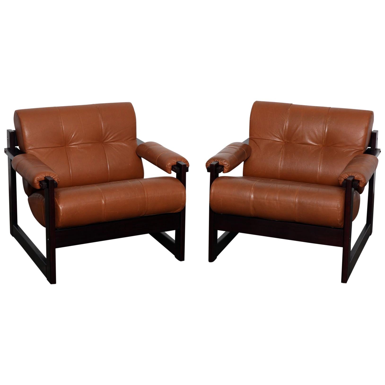 Pair of Percival Lafer MP-167 Leather and Jatoba Lounge Chairs, Brazil, 1970s