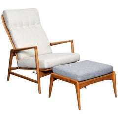 Ib Kofod-Larsen for Selig Tall Back Recliner and Ottoman in Solid Beech