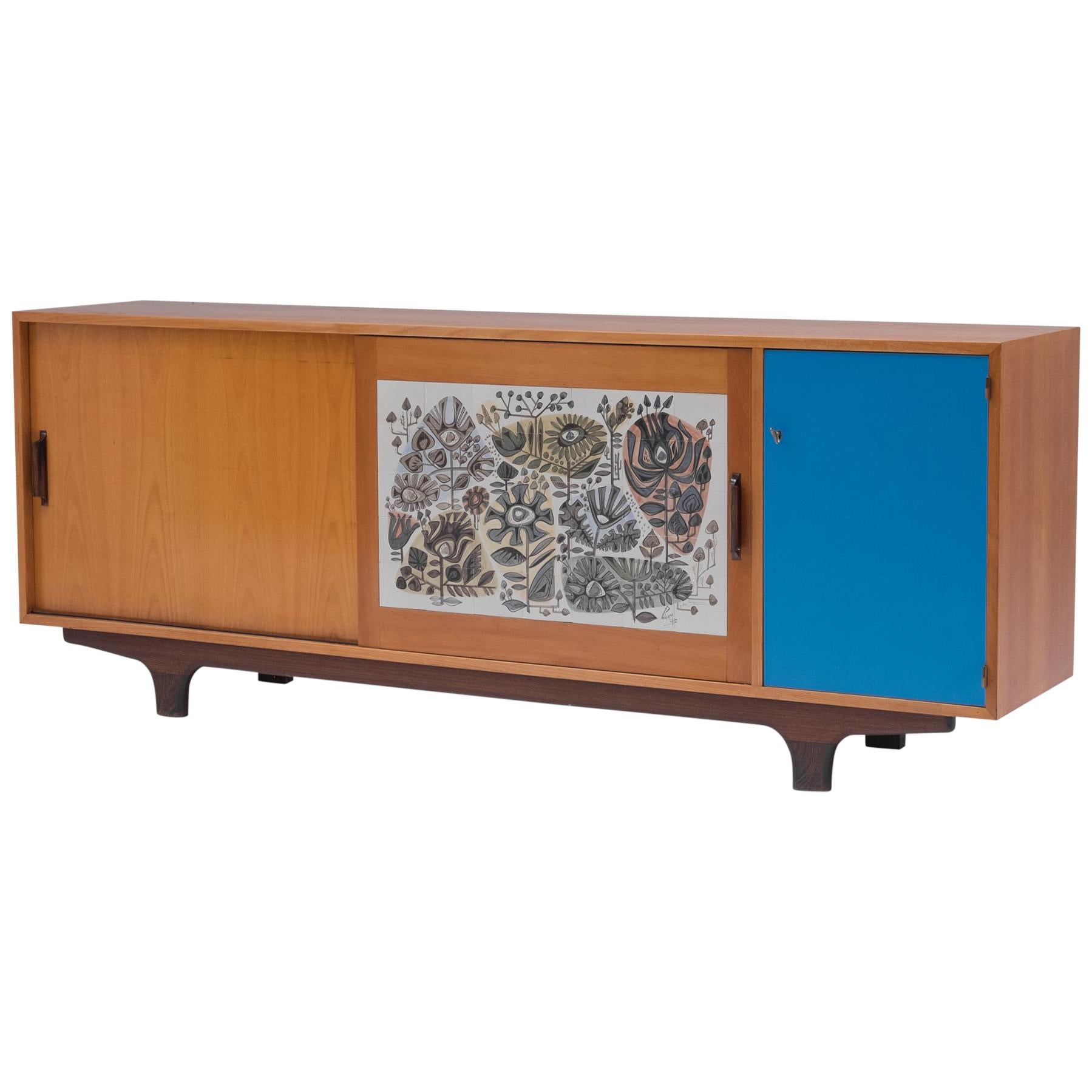 Modernist 1950s Sideboard with Perignem Ceramic and Macassar Details