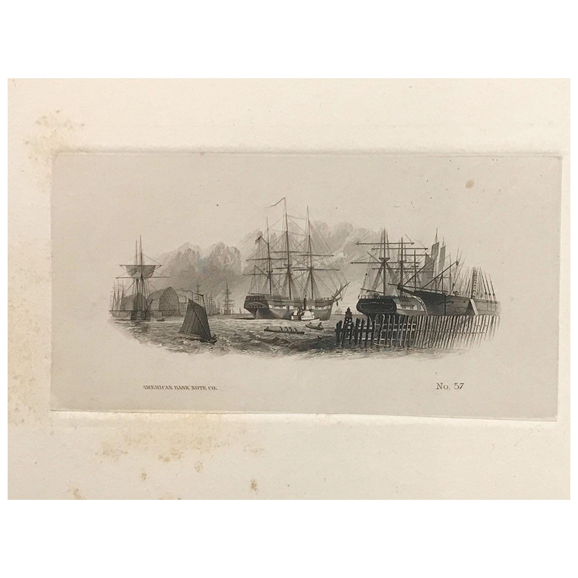 Proof of an American Bank Note, Harbour View with Sailing Ships, 57, circa 1870 For Sale