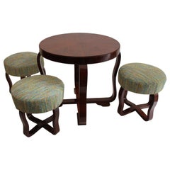 Antique Art Deco Coffee Table and 3 Stools, 1930s