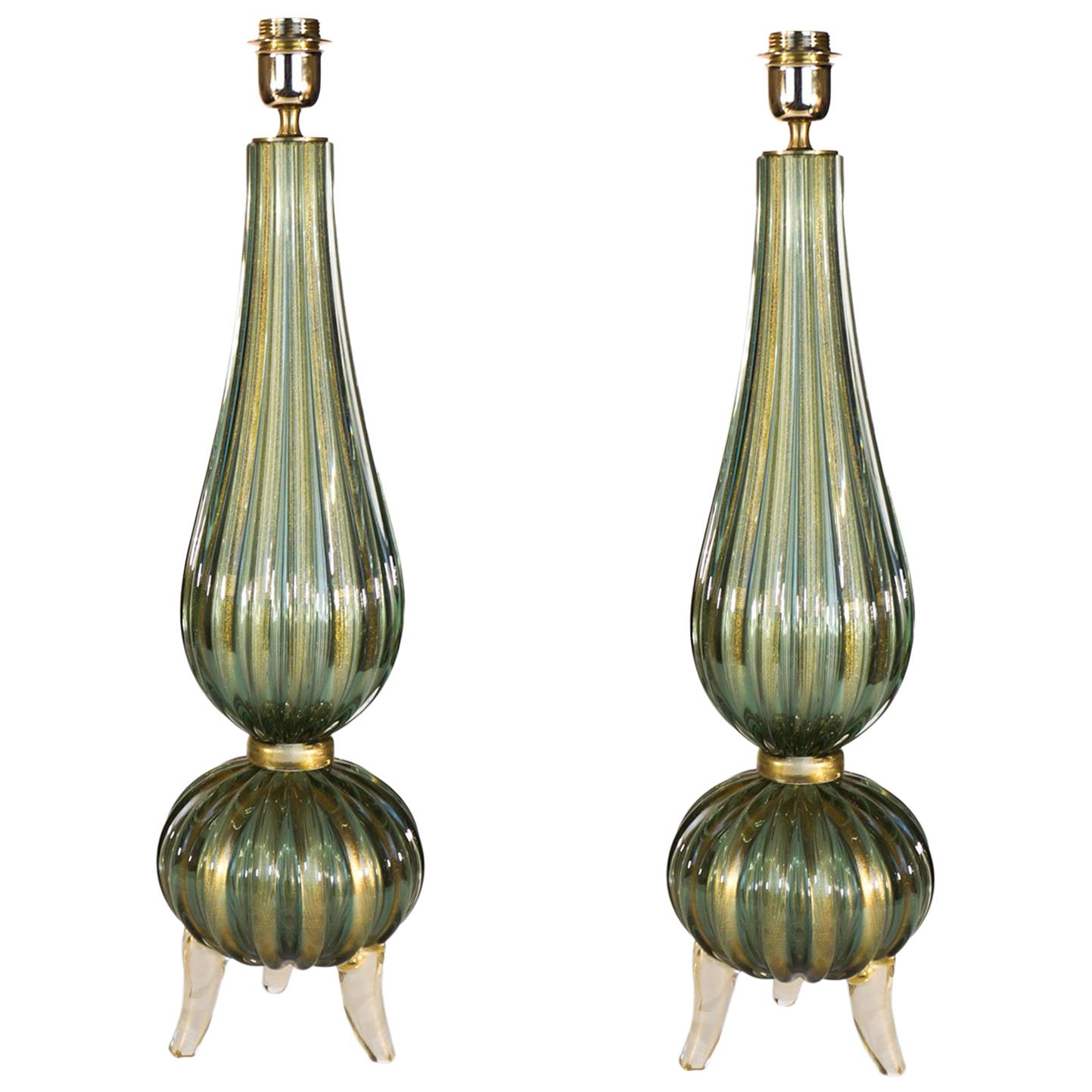 Toso Mid-Century Modern Green Gold Pair of Murano Glass Table Lamps Signed, 1980