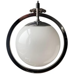 Danish Art Deco White Opaline Glass Pendant Chrome Glass Holder Fog & Mørup