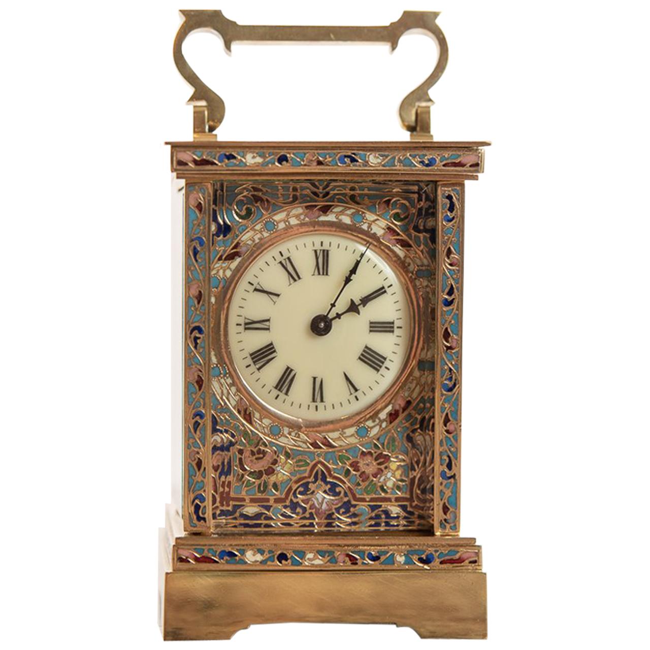 19th Century Fine 8 Day French Brass & Champlevé Timepiece Carriage Clock