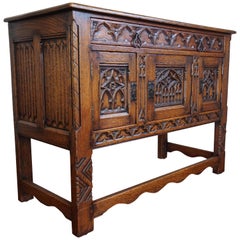 Antique Stunning Gothic Revival Sideboard / Small Credenza w. Hand Carved Church Windows