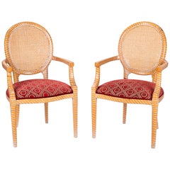 1980s Pair of Spanish Hand Carved Armchairs with Wicker Decorated Backrest