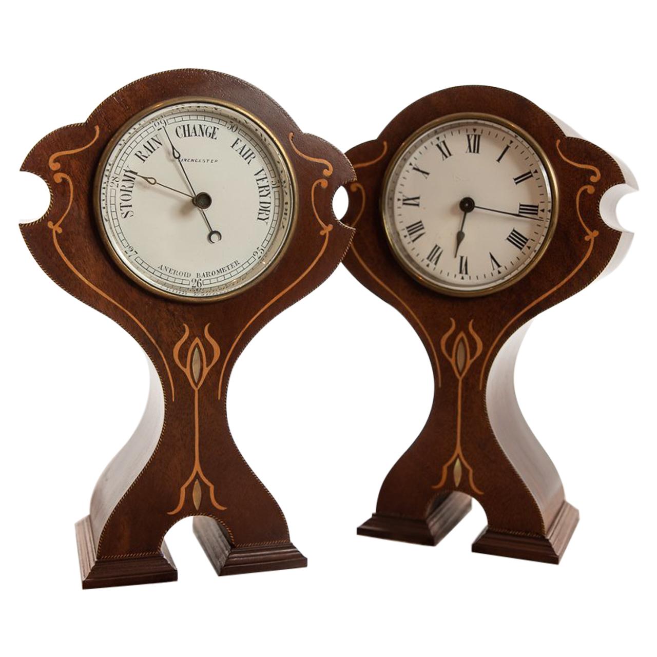 Matching Set of French 8 Day Timepiece Clock and Aneroid Barometer For Sale