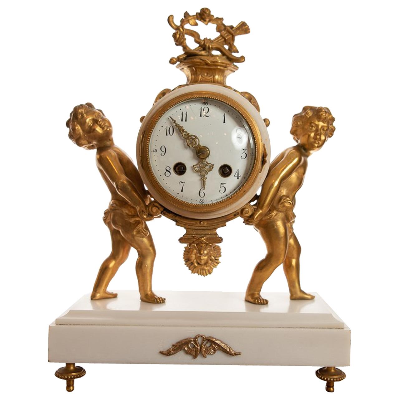 Fine 8 Day Striking Ormolu & White Marble Clock with Cherubs, Late 1800s