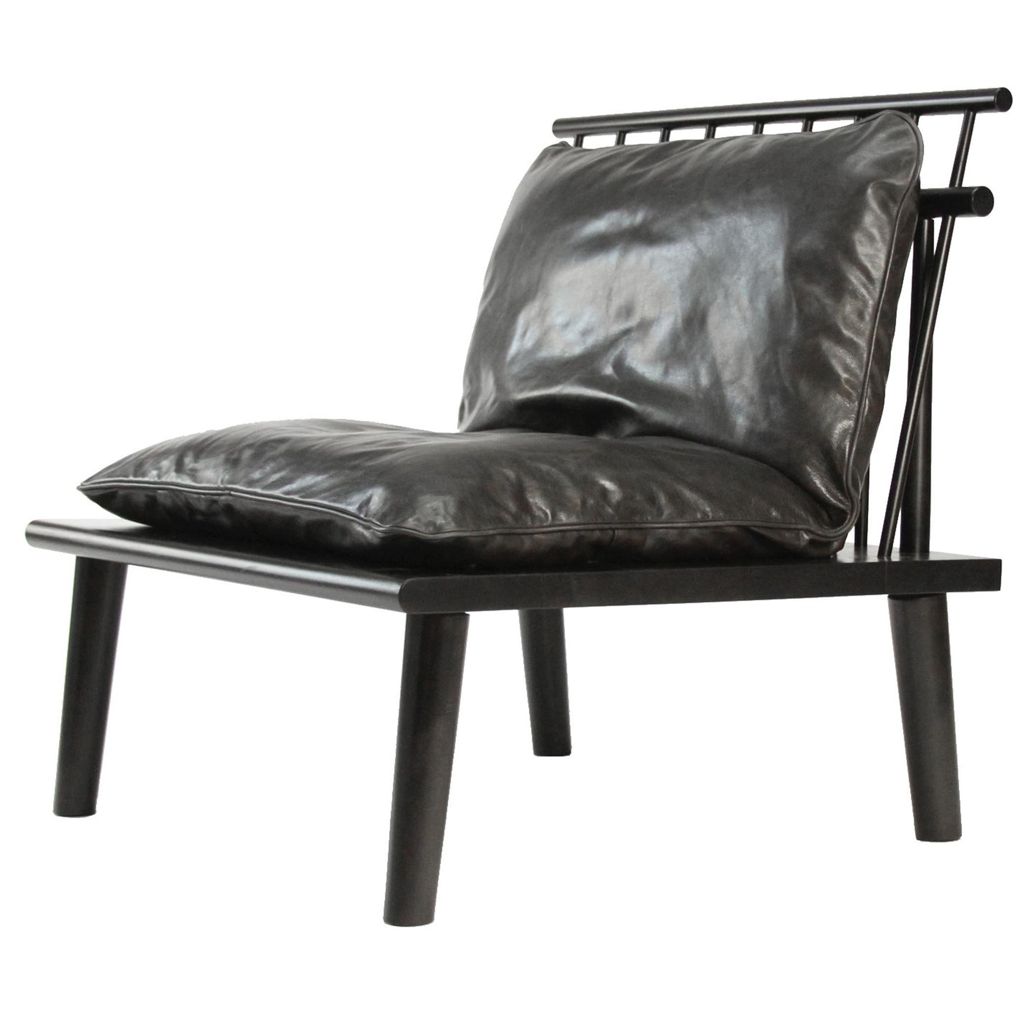 Matunuck Windsor Chair in Ebony Stain on Maple Wood with Charcoal Leather For Sale