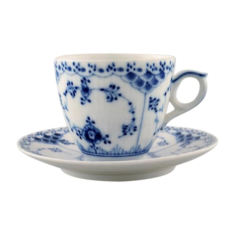 Royal Copenhagen Blue Fluted Half Lace Coffee Cup and Saucer, 5 Sets