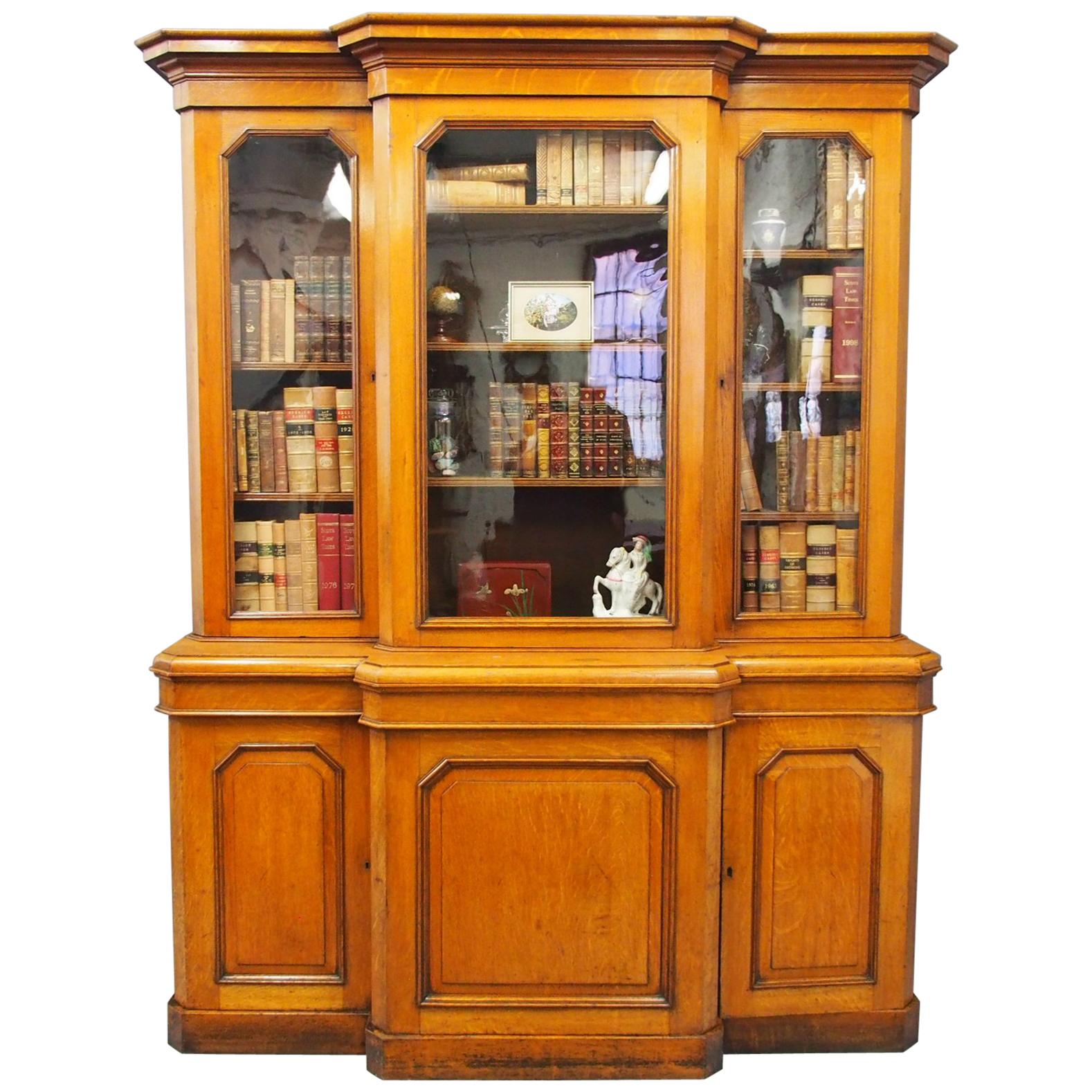 Victorian 3-Door Oak Breakfront Bookcase For Sale