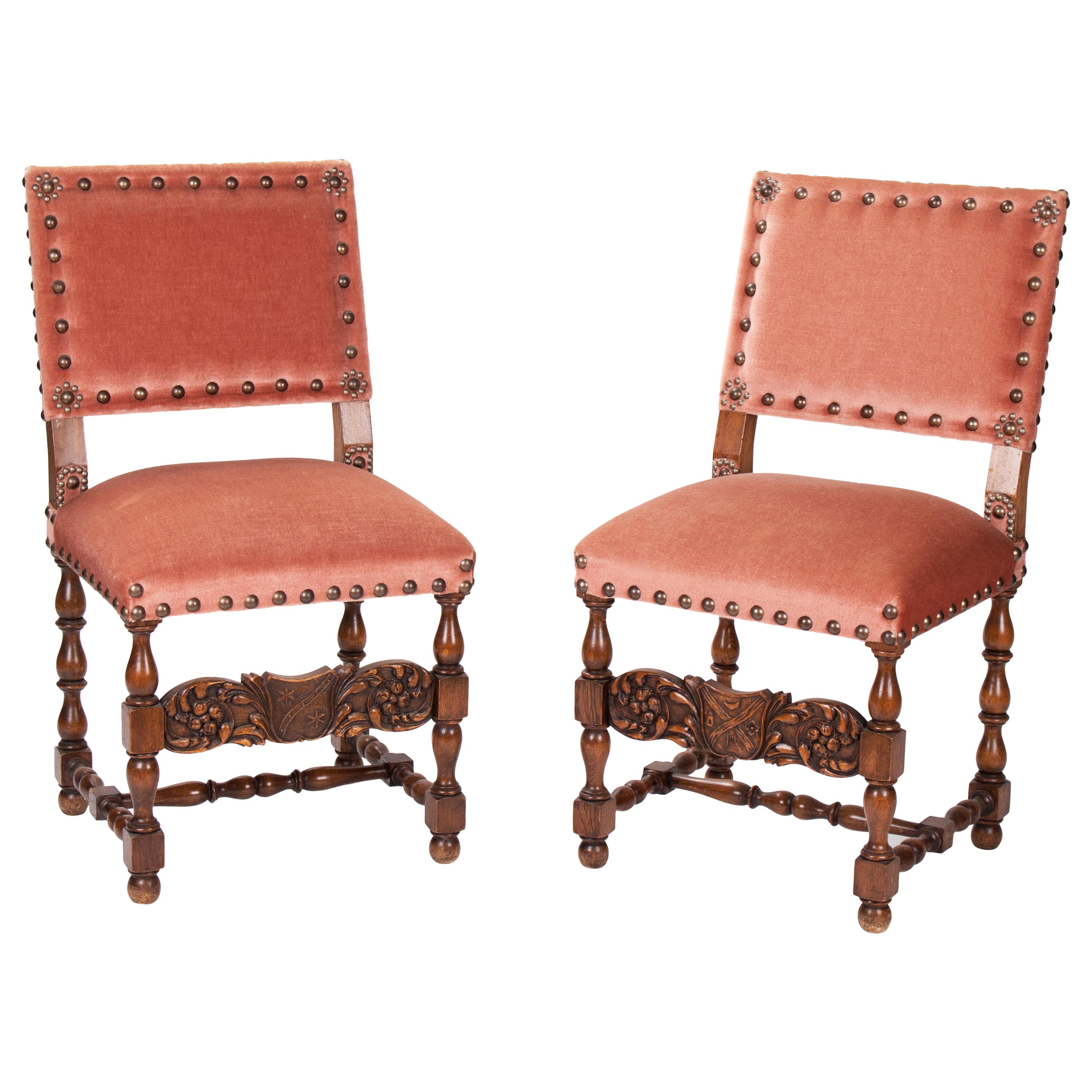 19th Century Pair of French Wooden Chairs Upholstered in Velvet