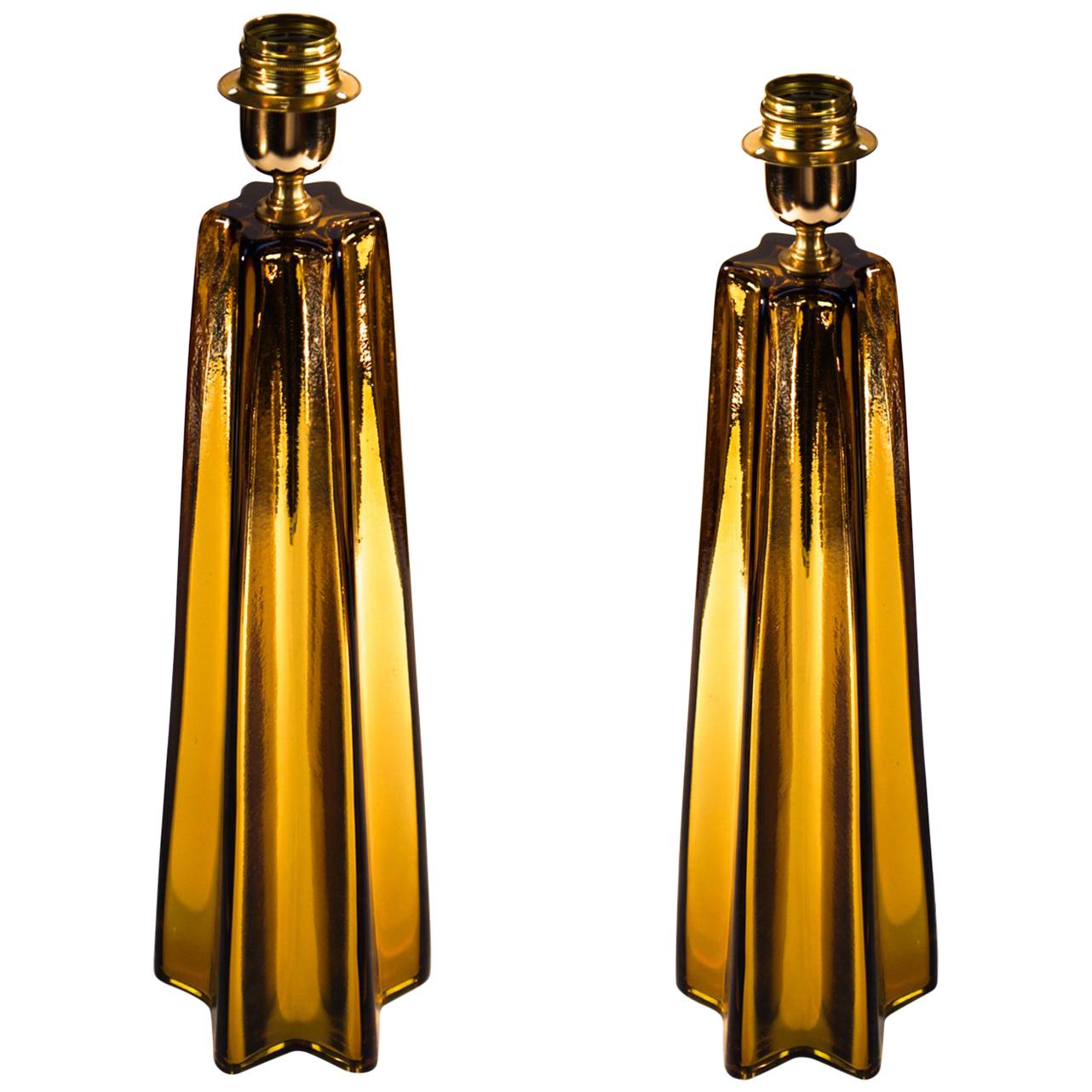 Toso Mid-Century Modern Amber Pair of Murano Glass Table Lamps, 1989 For Sale