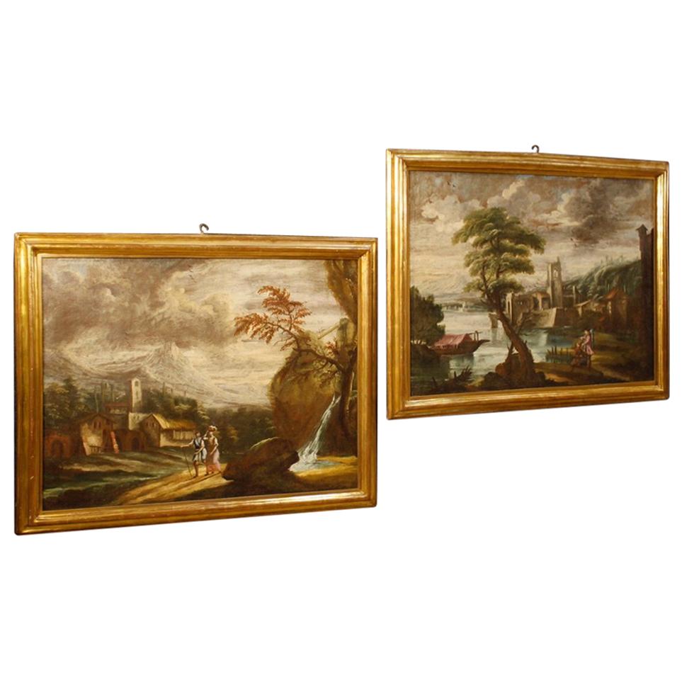 18th Century Oil on Canvas Italian Pair of Paintings Landscapes with Characters