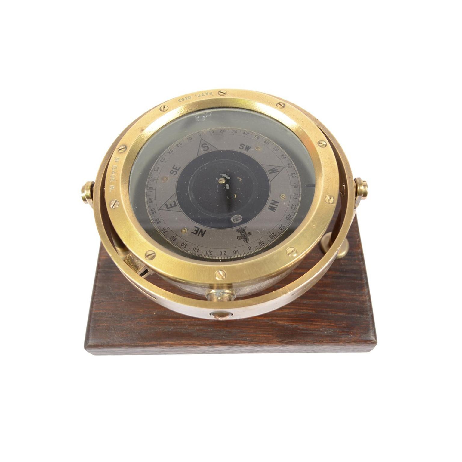 British Compass of the 1940s Brass and Bronze on a Wooden Base