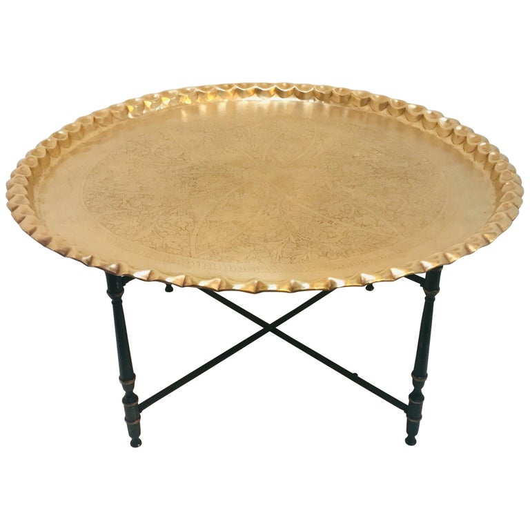 Large Moroccan Round Brass Tray Table on Folding Stand For ...