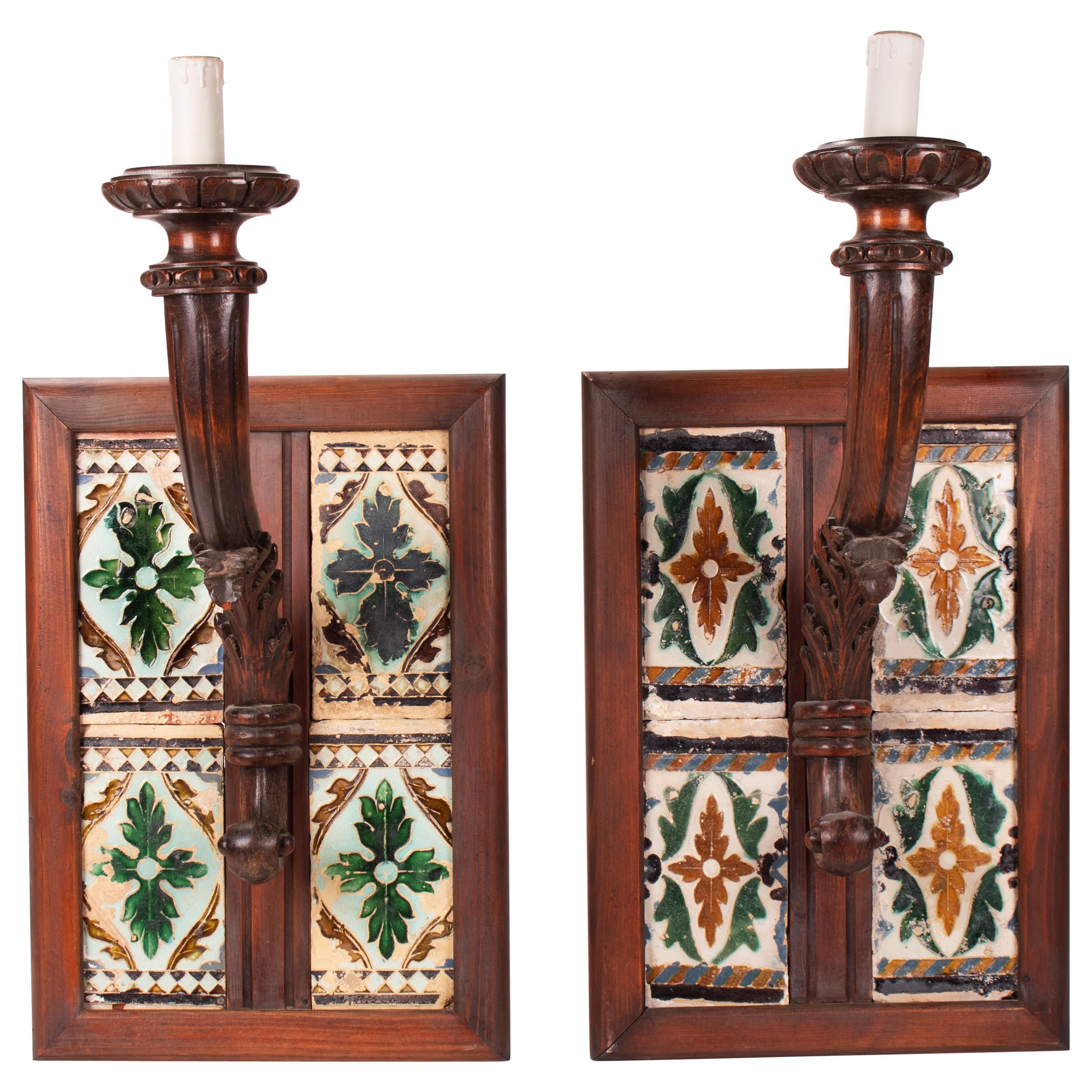 19th Century Pair of Spanish Wall Lamps with 16th Century Cuerda Seca Tiles