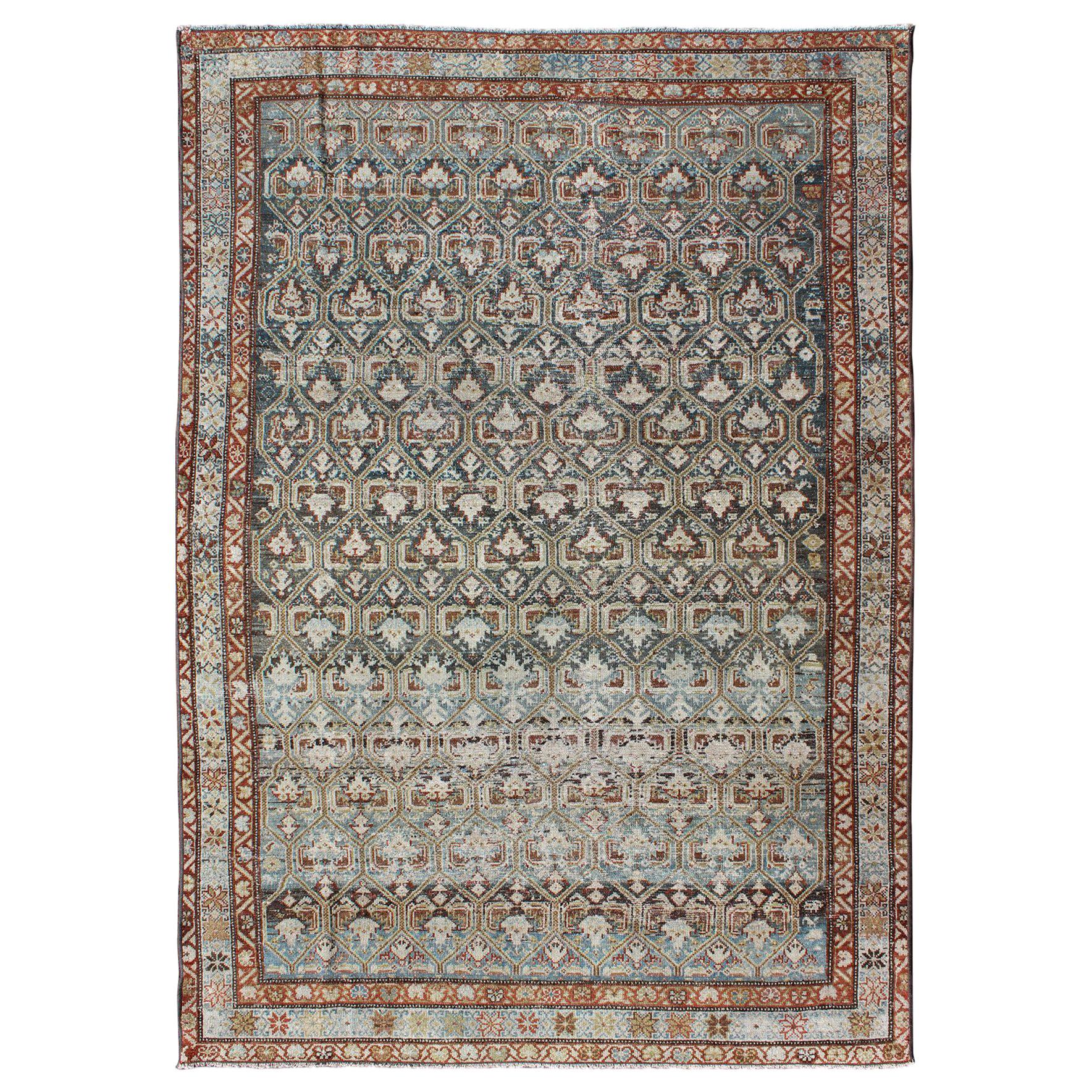 Antique Persian Fine Senneh Distressed Rug with All-Over Geometric Design