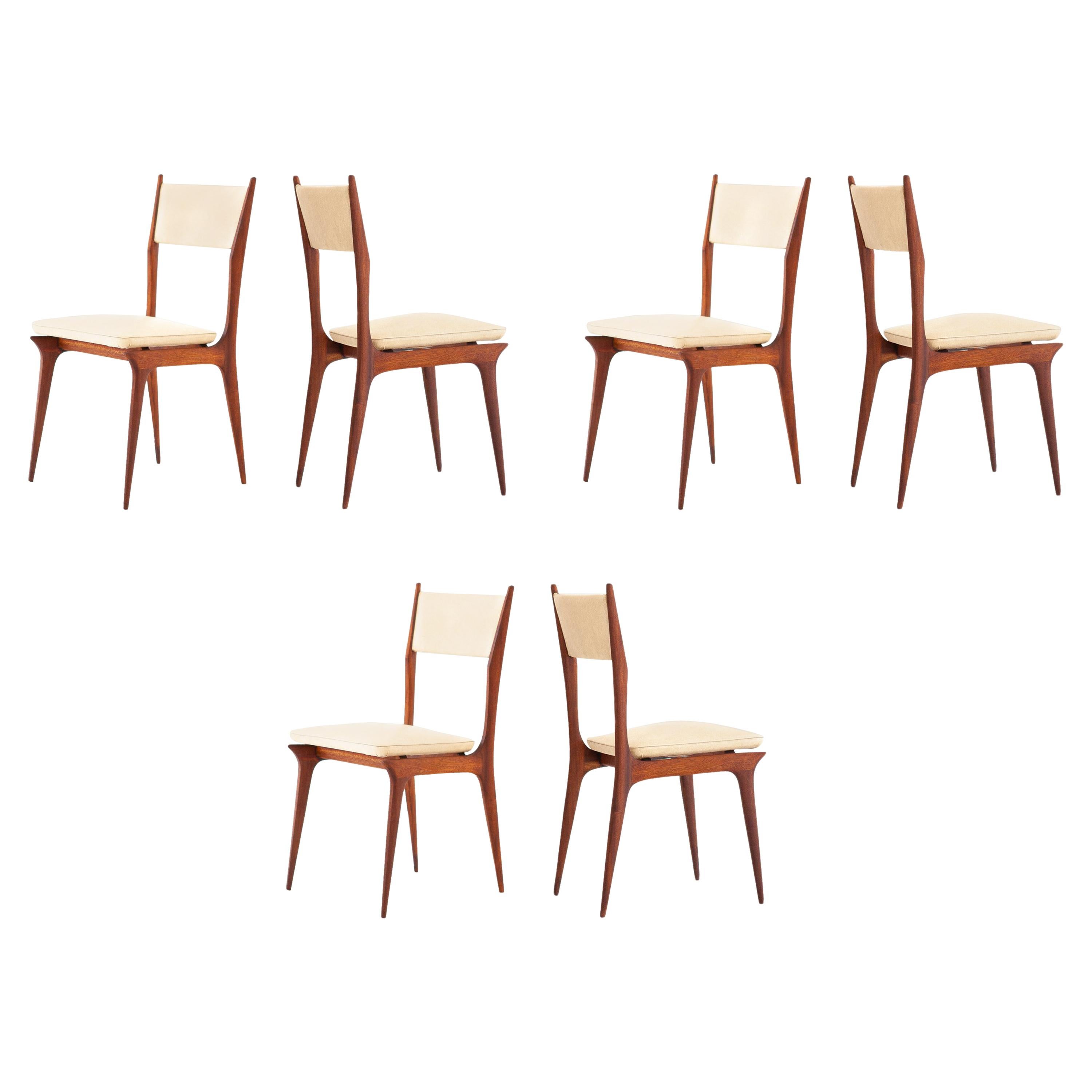 Set of Six Italian Beige Skai and Mahogany Dining Chairs, 1950s