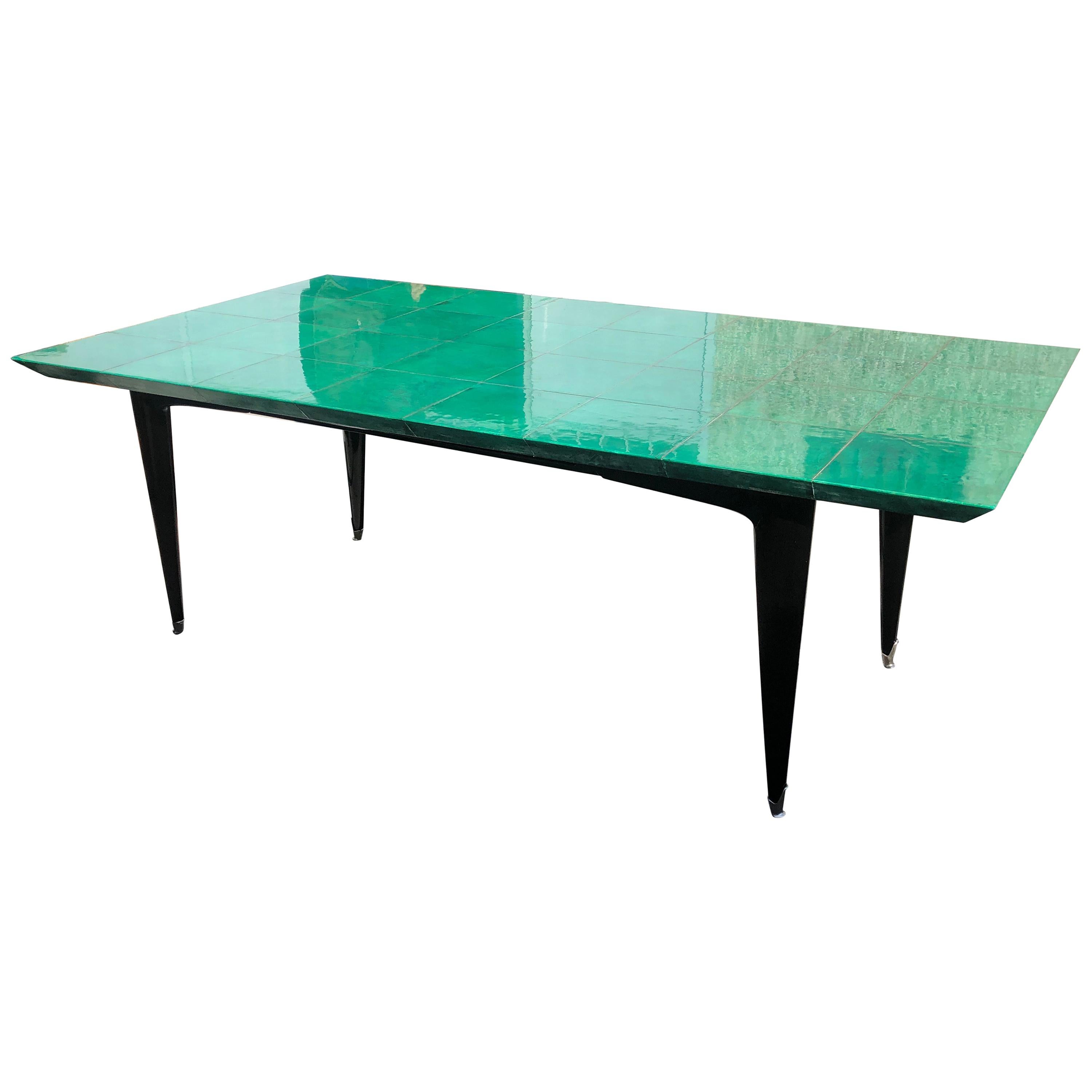 Emerald Goatskin Table Black Wood Legs Attribution to Aldo Tura, Italy, 1970s